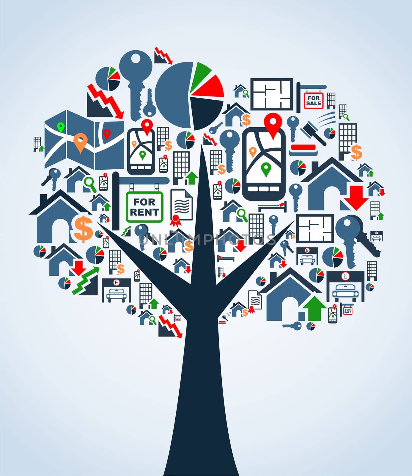 Real estate icon set in tree symbol shape background illustration. Vector file layered for easy manipulation and custom coloring.
