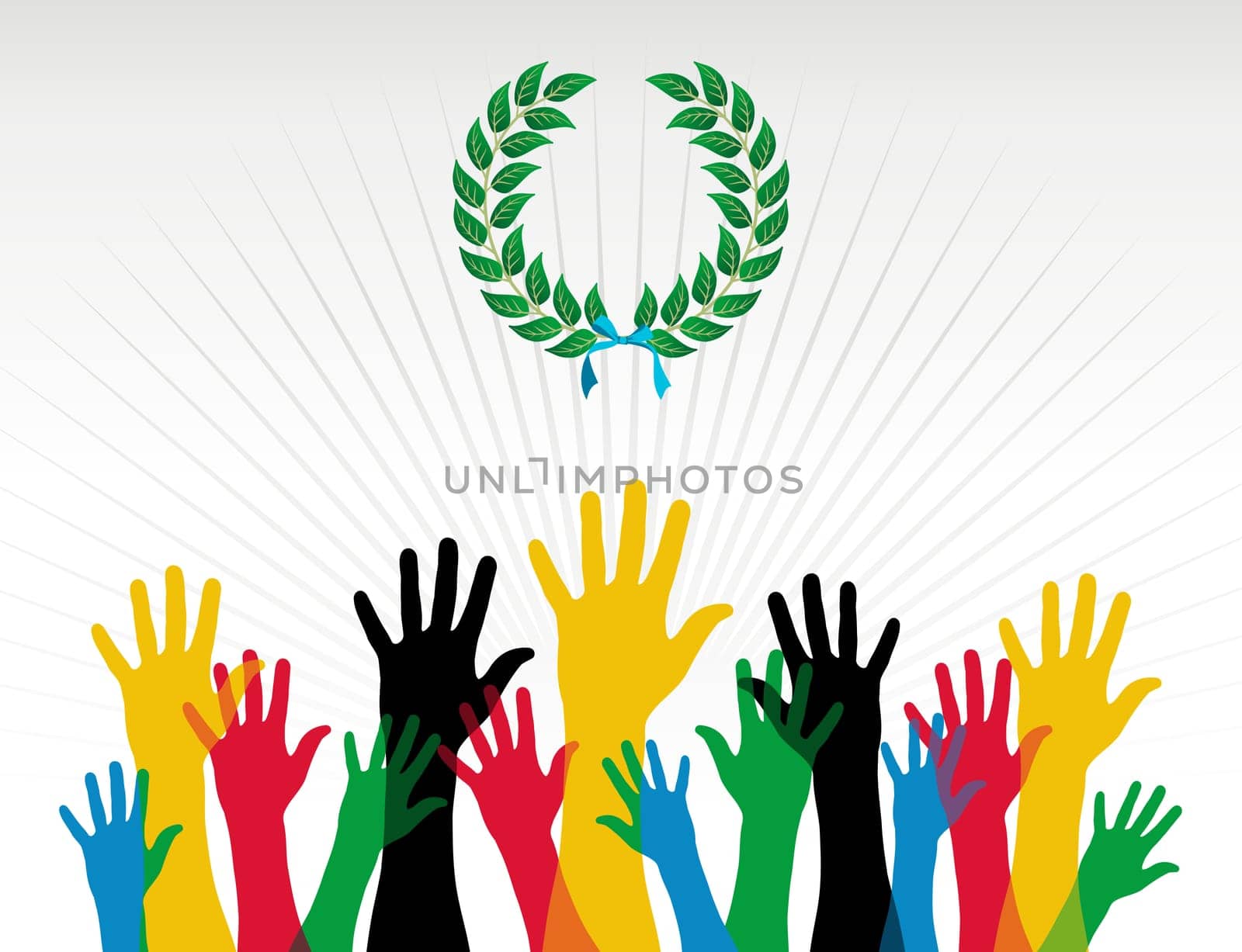 Colofull hands with a laurel wreath with a sky blue ribbon over white background. Vector file layered for easy manipulation and customisation.