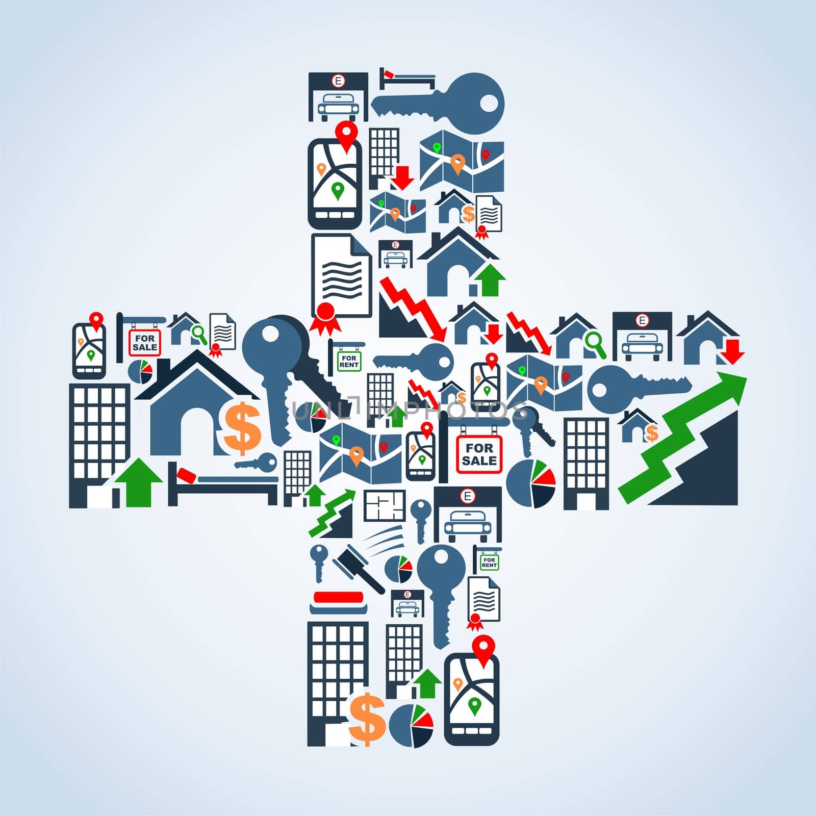 Real estate icon set in cross symbol shape background illustration. Vector file layered for easy manipulation and custom coloring.