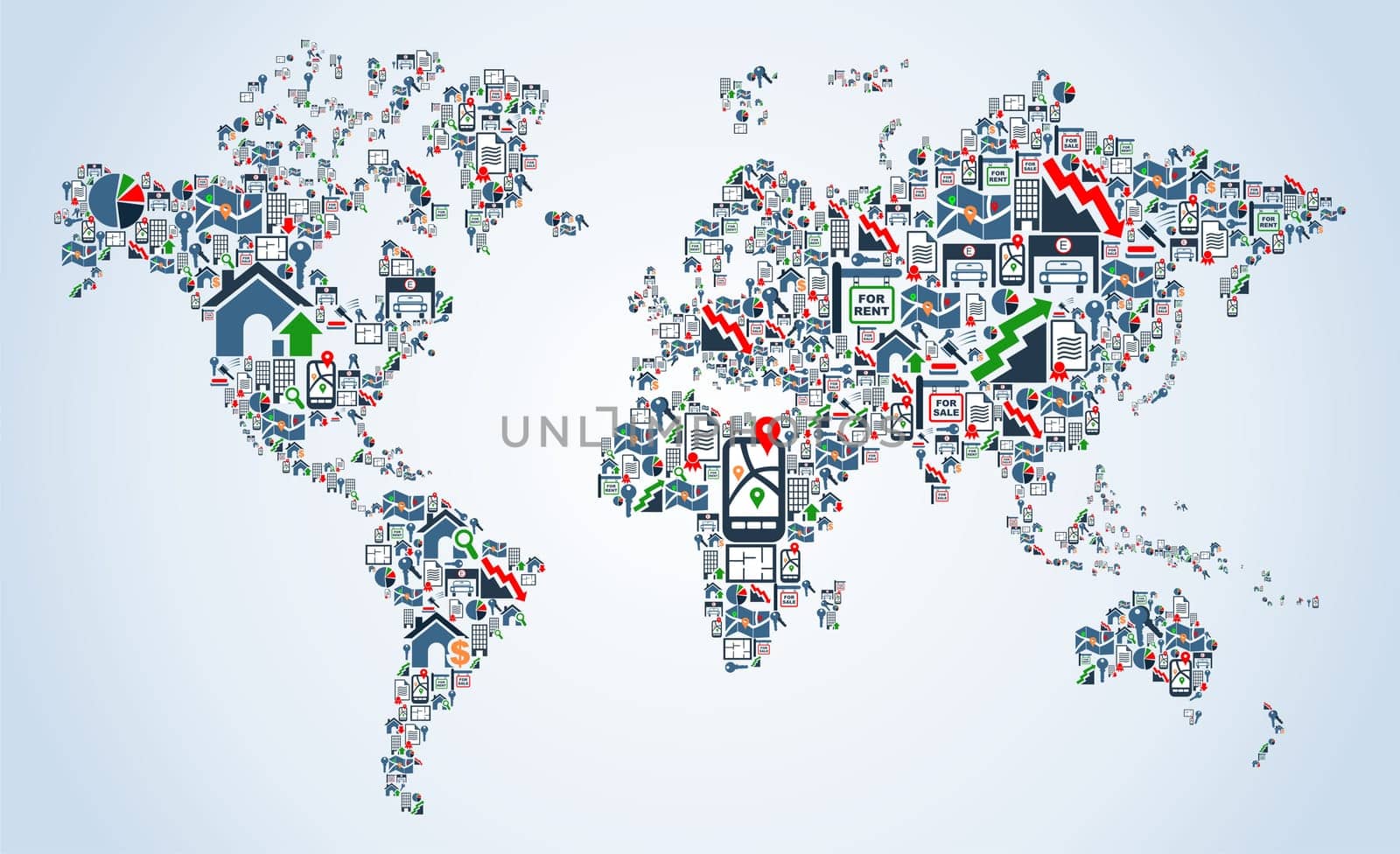 Real estate icon set in Earth Globe map shape background illustration. Vector file layered for easy manipulation and custom coloring.