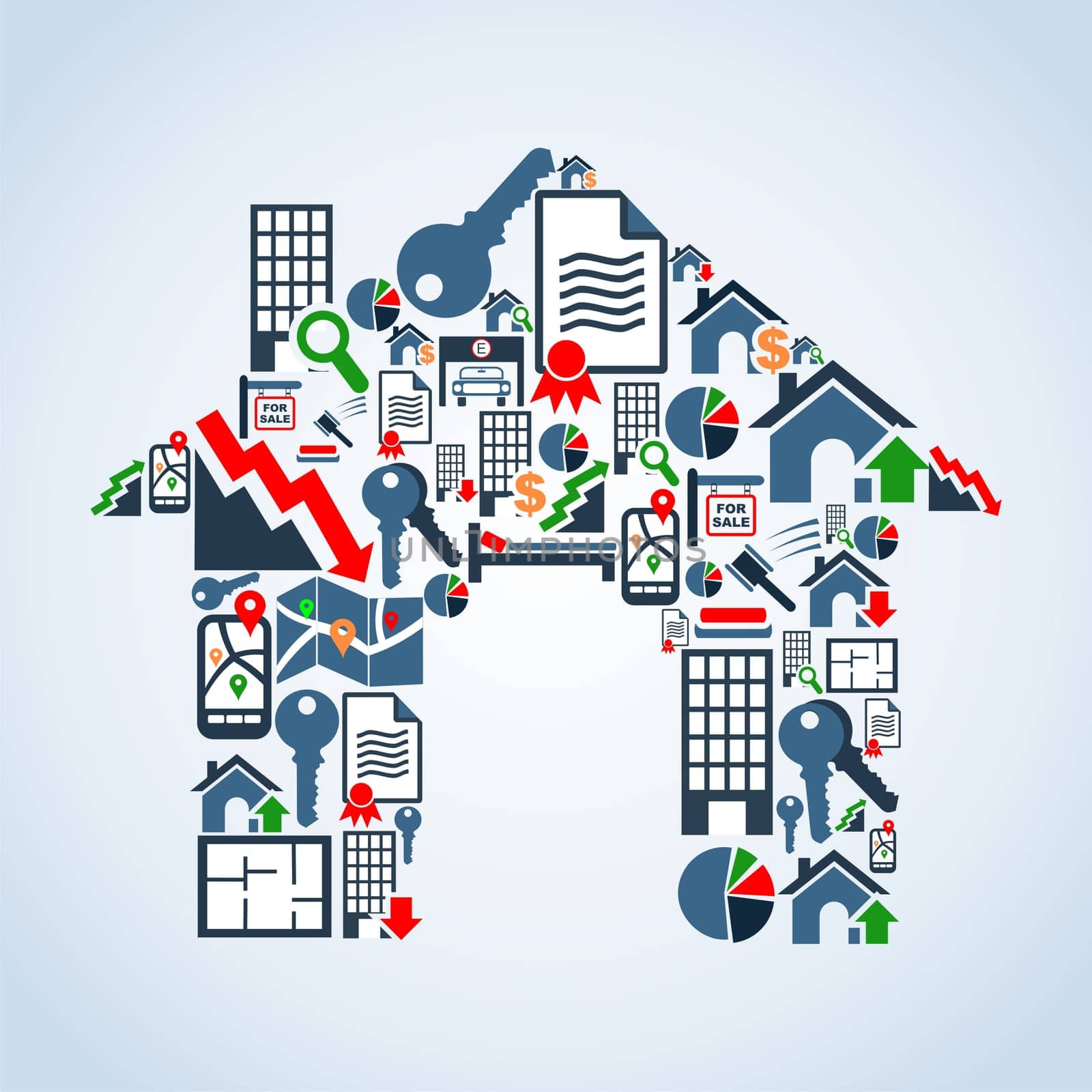Real estate icon set in house silhouette background illustration. Vector file layered for easy manipulation and custom coloring.