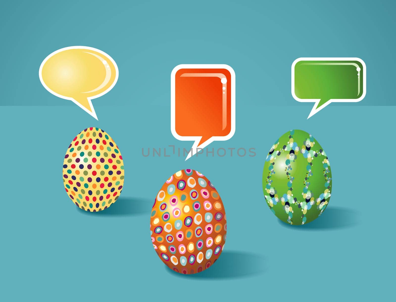 Social media eggs set decorated for Happy Easter with colorful dialogue bubble on blue background. Vector file layered for easy manipulation and customisation.