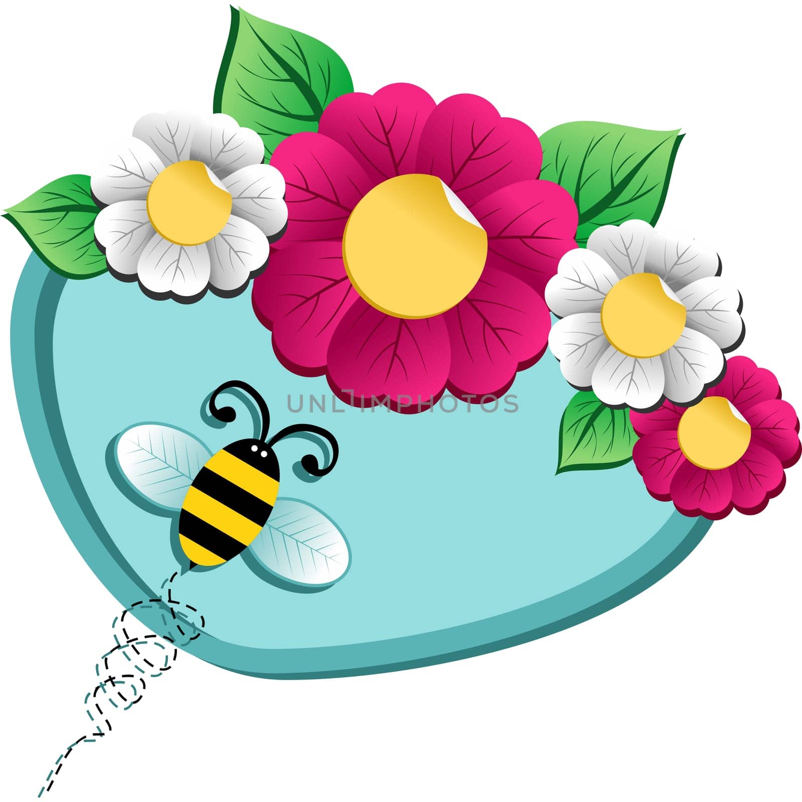Spring time concept: bee on the spring flower with label isolated over white background.