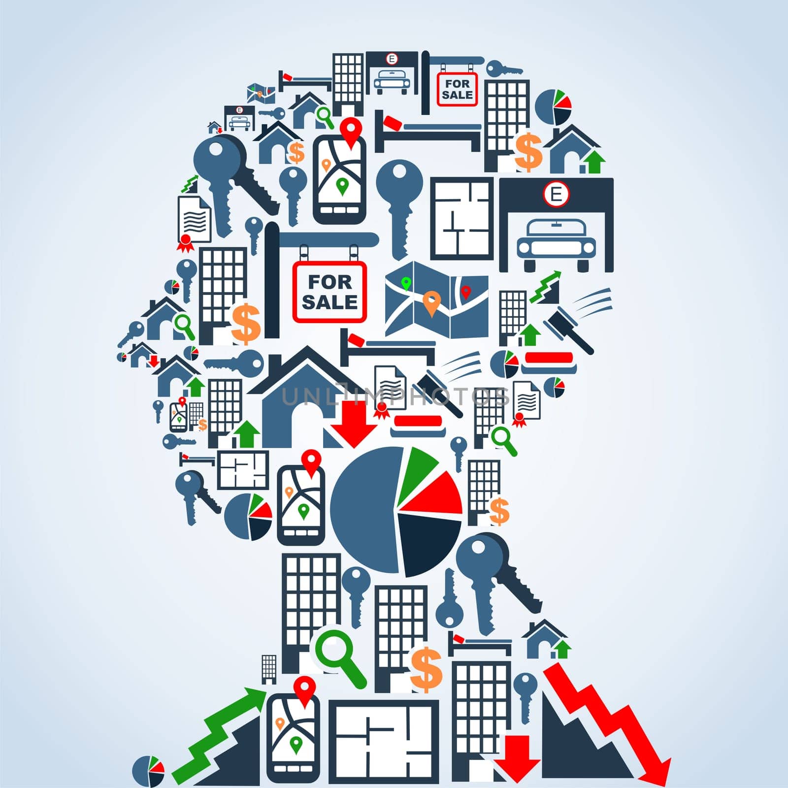 Real estate icon set in man head shape background illustration. Vector file layered for easy manipulation and custom coloring.