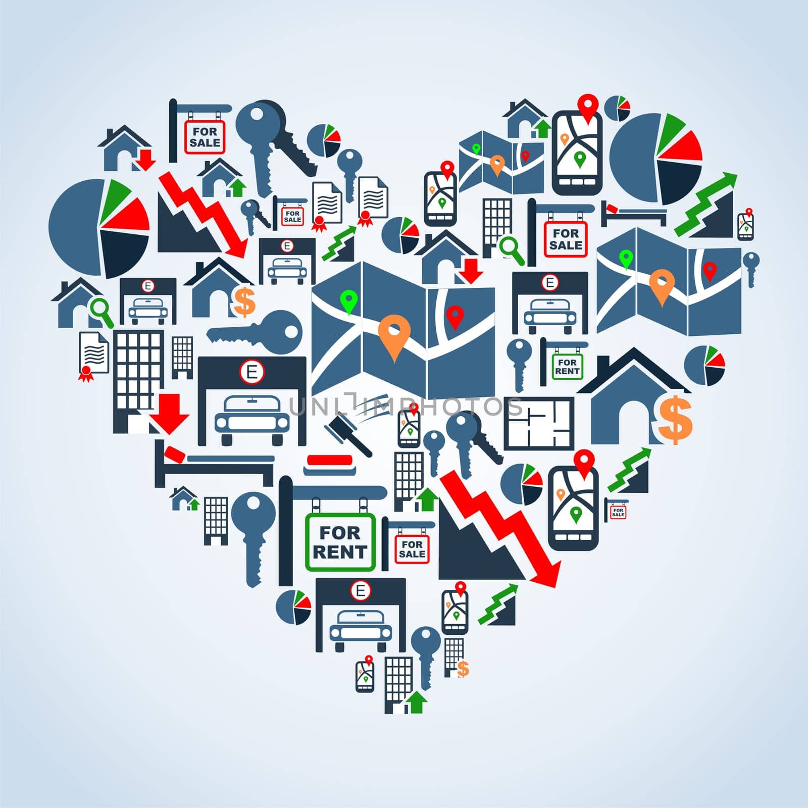 Global real estate icon set in heart shape background illustration. Vector file layered for easy manipulation and custom coloring.