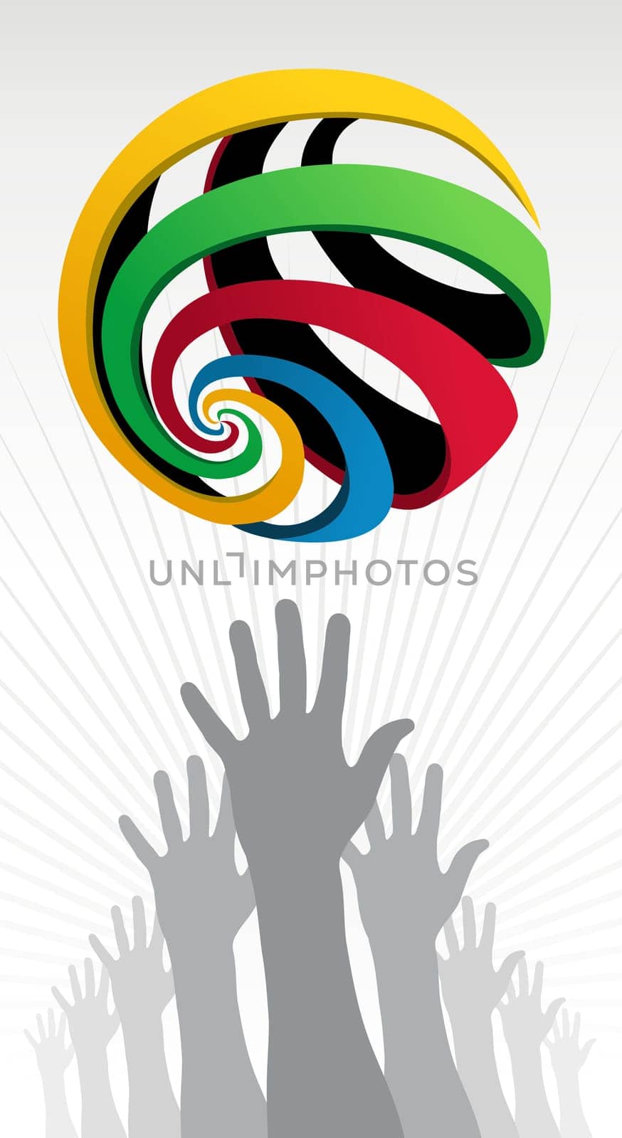 Hands silhouettes trying to reach a colorfull Olympic globe over white background. Vector file layered for easy manipulation and customisation.