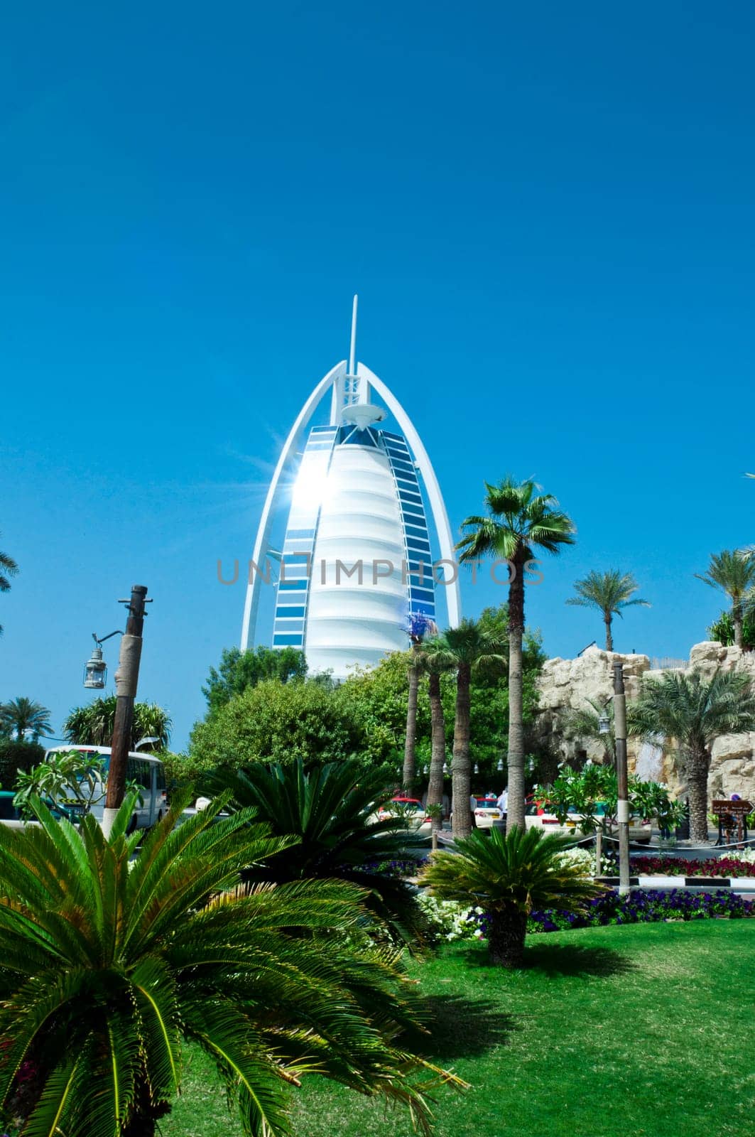DUBAI - FEB 22 2012 : Burj Al Arab - at 321m second tallest hotel in the world, luxury hotel stands on artificial island, Feb 22, 2012 at Jumeirah beach, Dubai, United Arab Emirates
