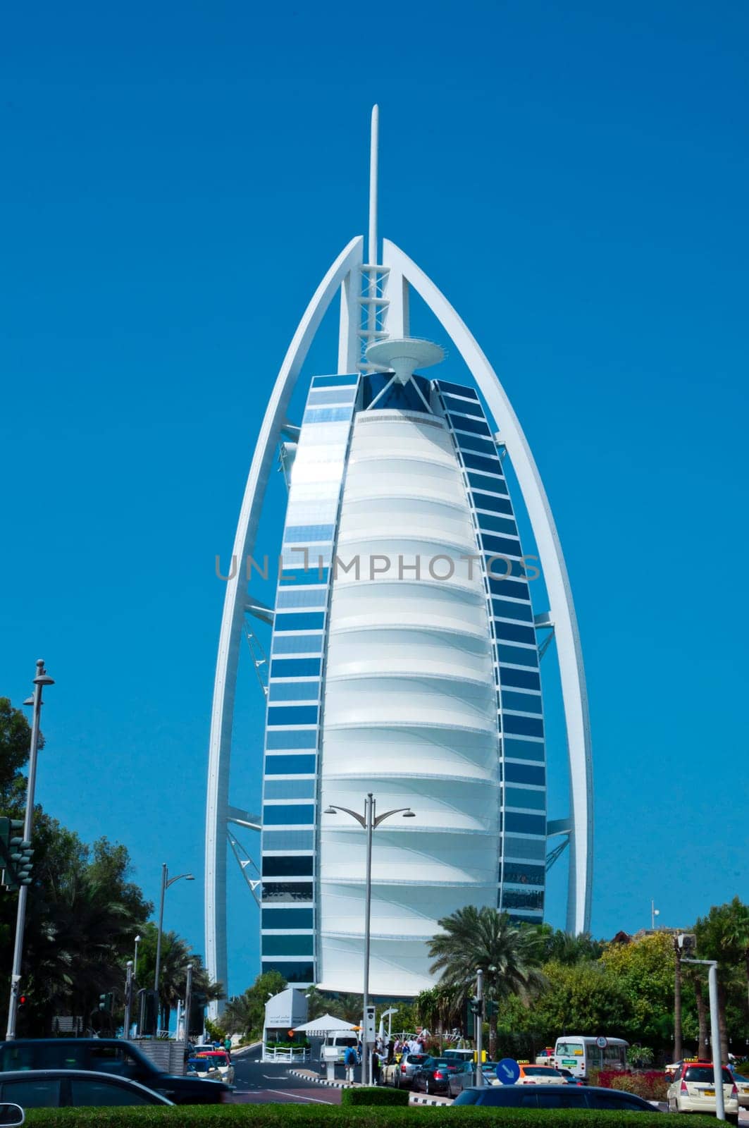 DUBAI - FEB 22 2012 : Burj Al Arab - at 321m second tallest hotel in the world, luxury hotel stands on artificial island, Feb 22, 2012 at Jumeirah beach, Dubai, United Arab Emirates