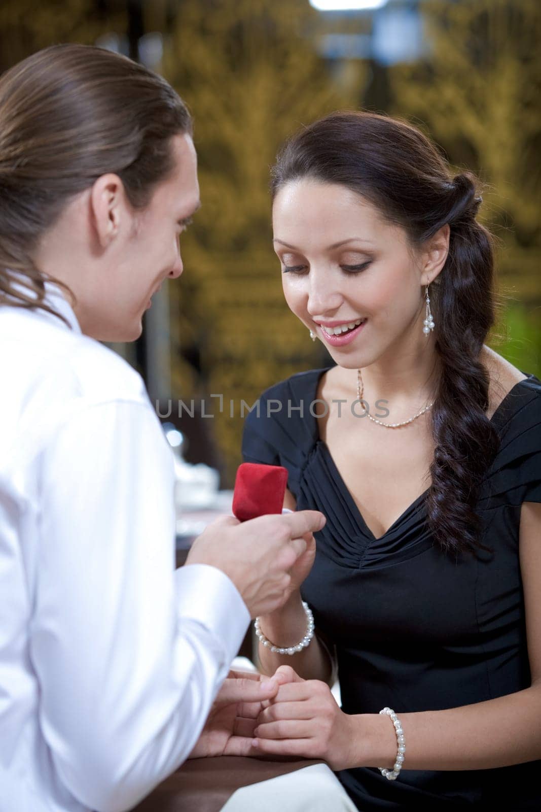 Image of elegant man making proposal to beautiful woman