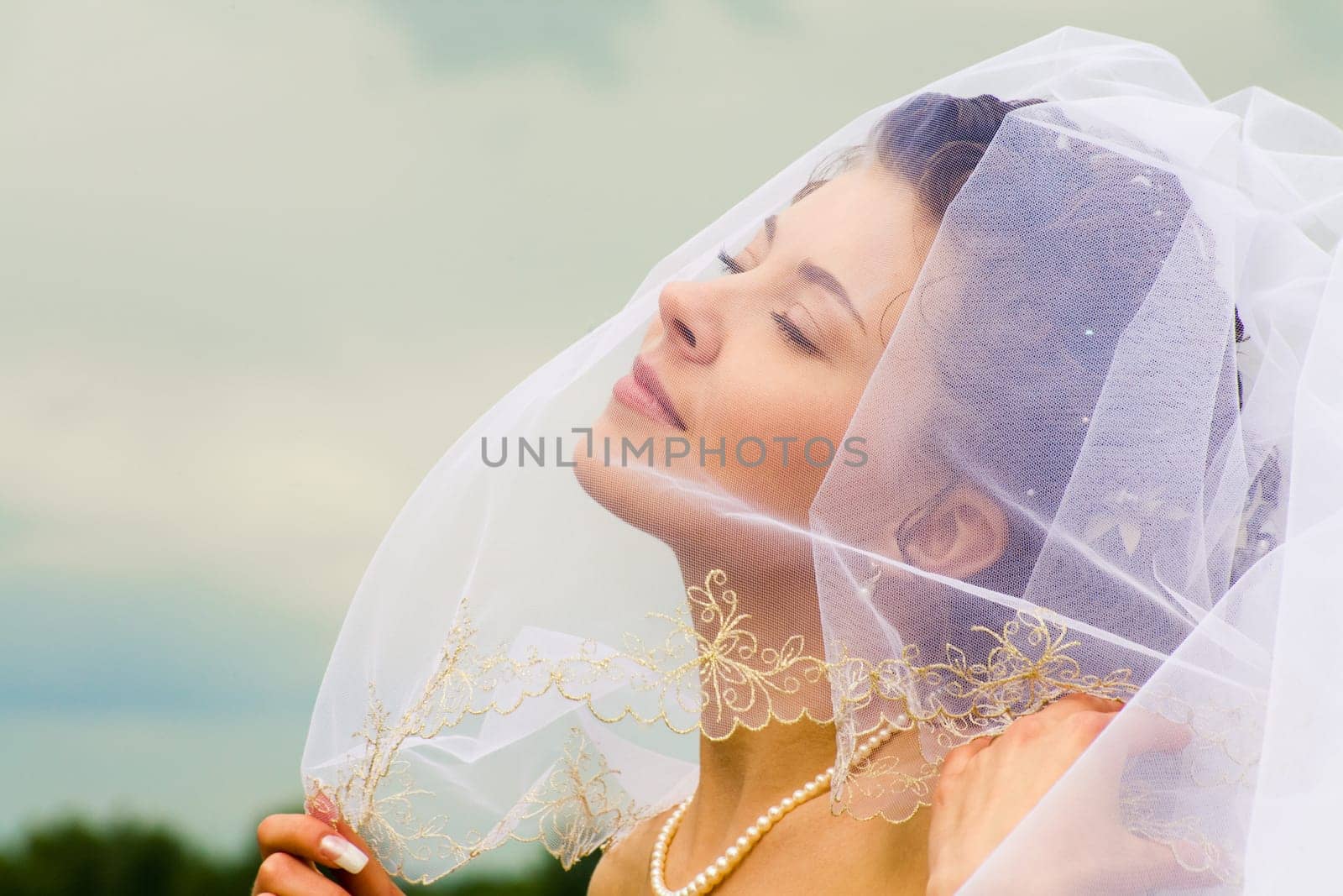 Photo of half-face of gorgeous happy bride isolated on a sky background