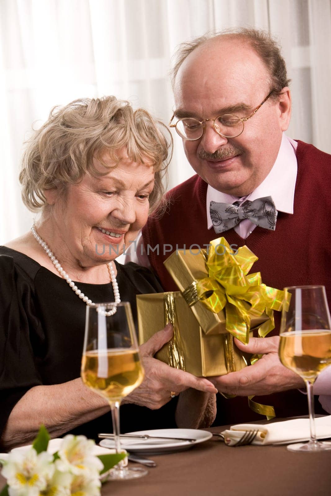 Image of happy seniors sitting at table during family celebration