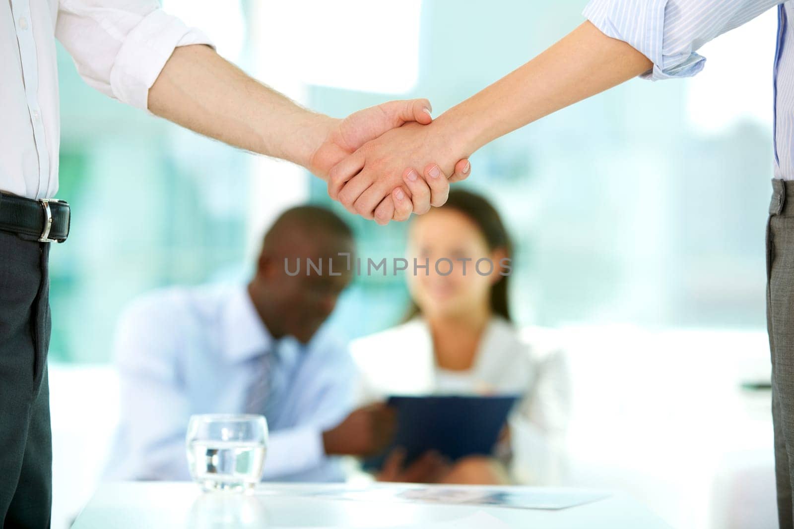 Photo of handshake of business partners after striking deal on background of working people