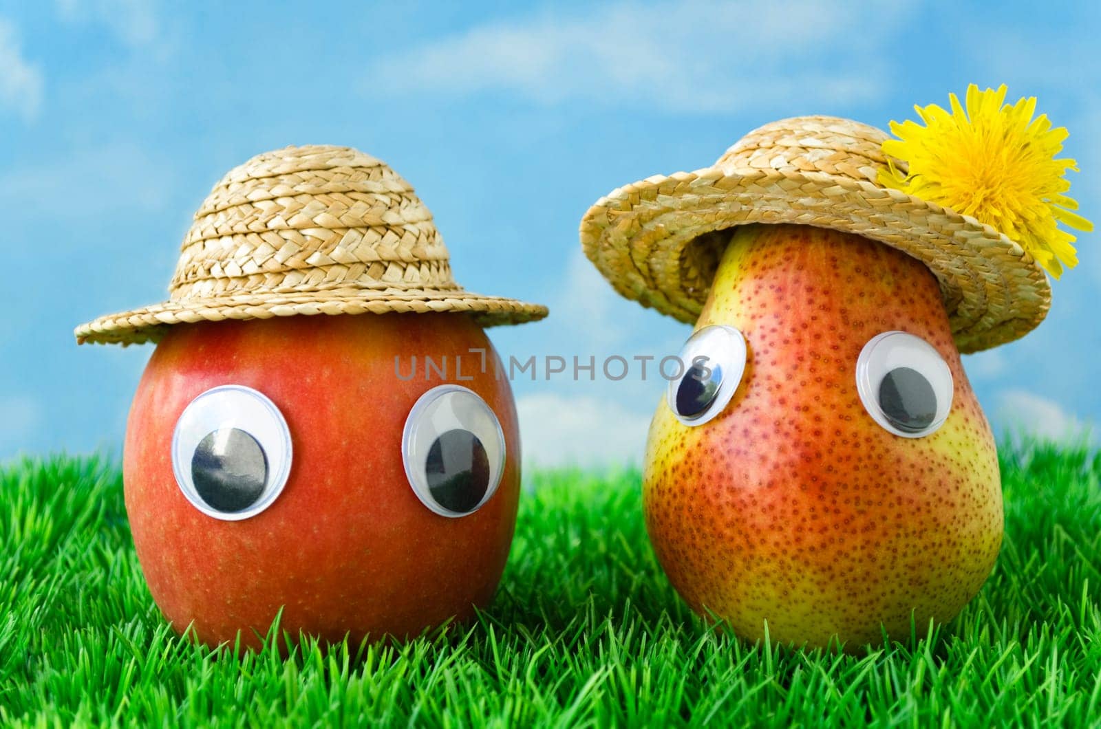 Apple and Pear with Face and Straw Hat