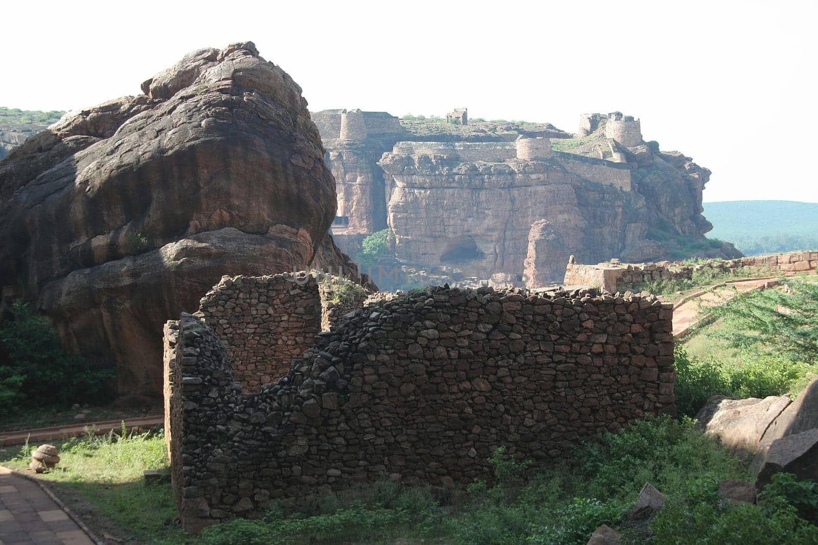 View of southern hill and fort from northern hill at Badami, Karnataka, India, Asia