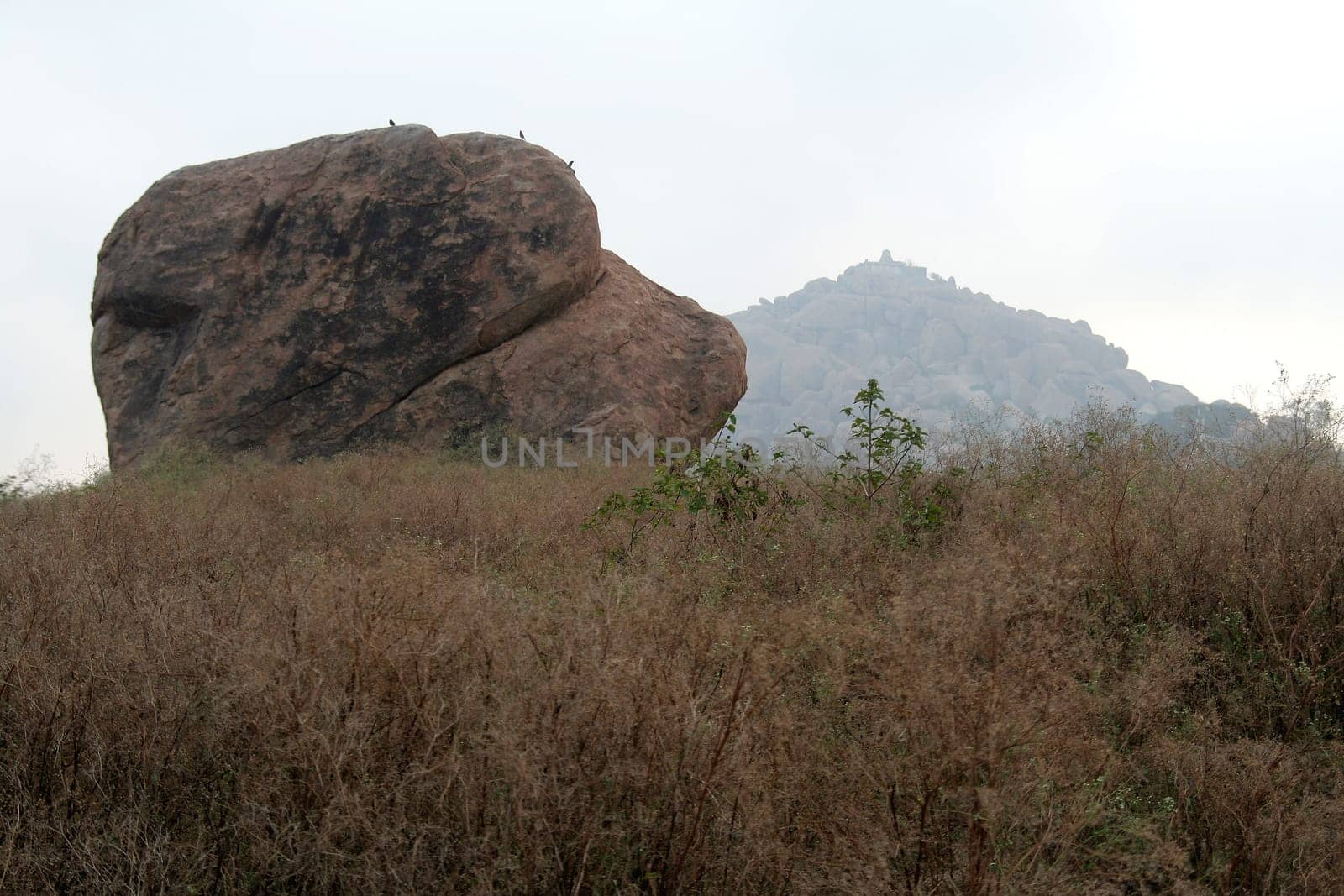 Stone boulder resting on mound covered with dried grass