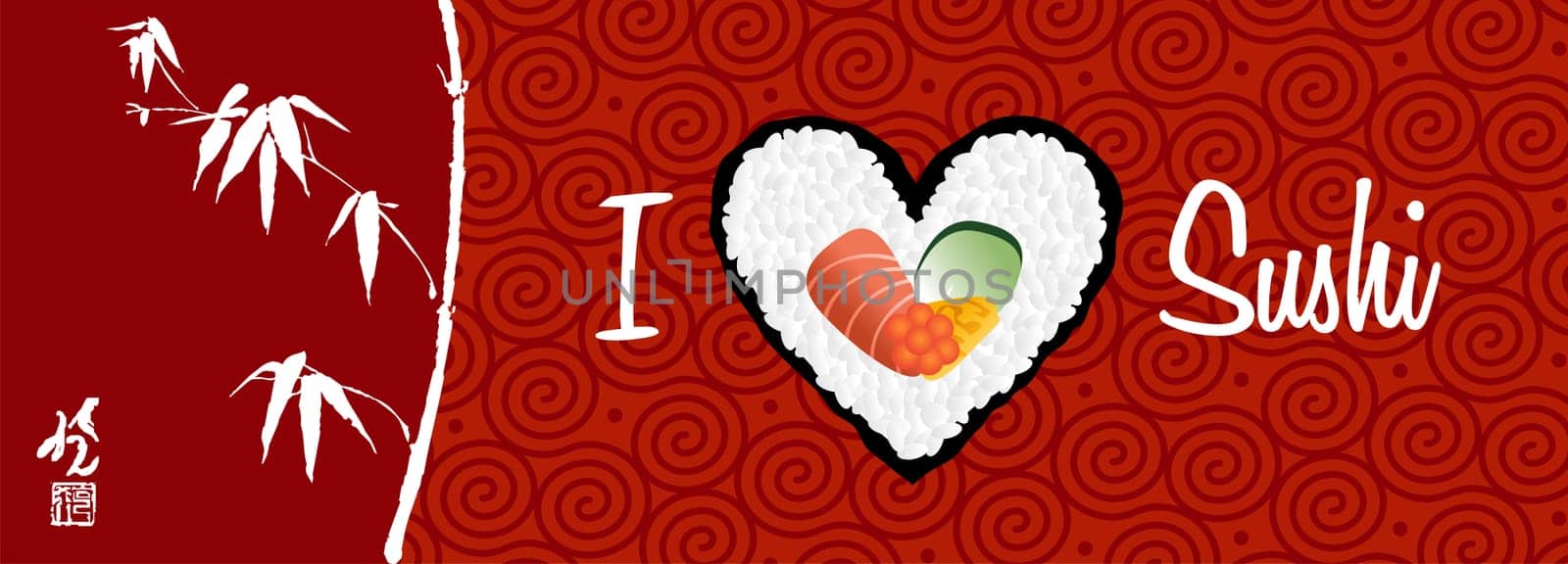 I love sushi banner handwritten in white over red background. Vector file layered for easy manipulation and custom coloring.