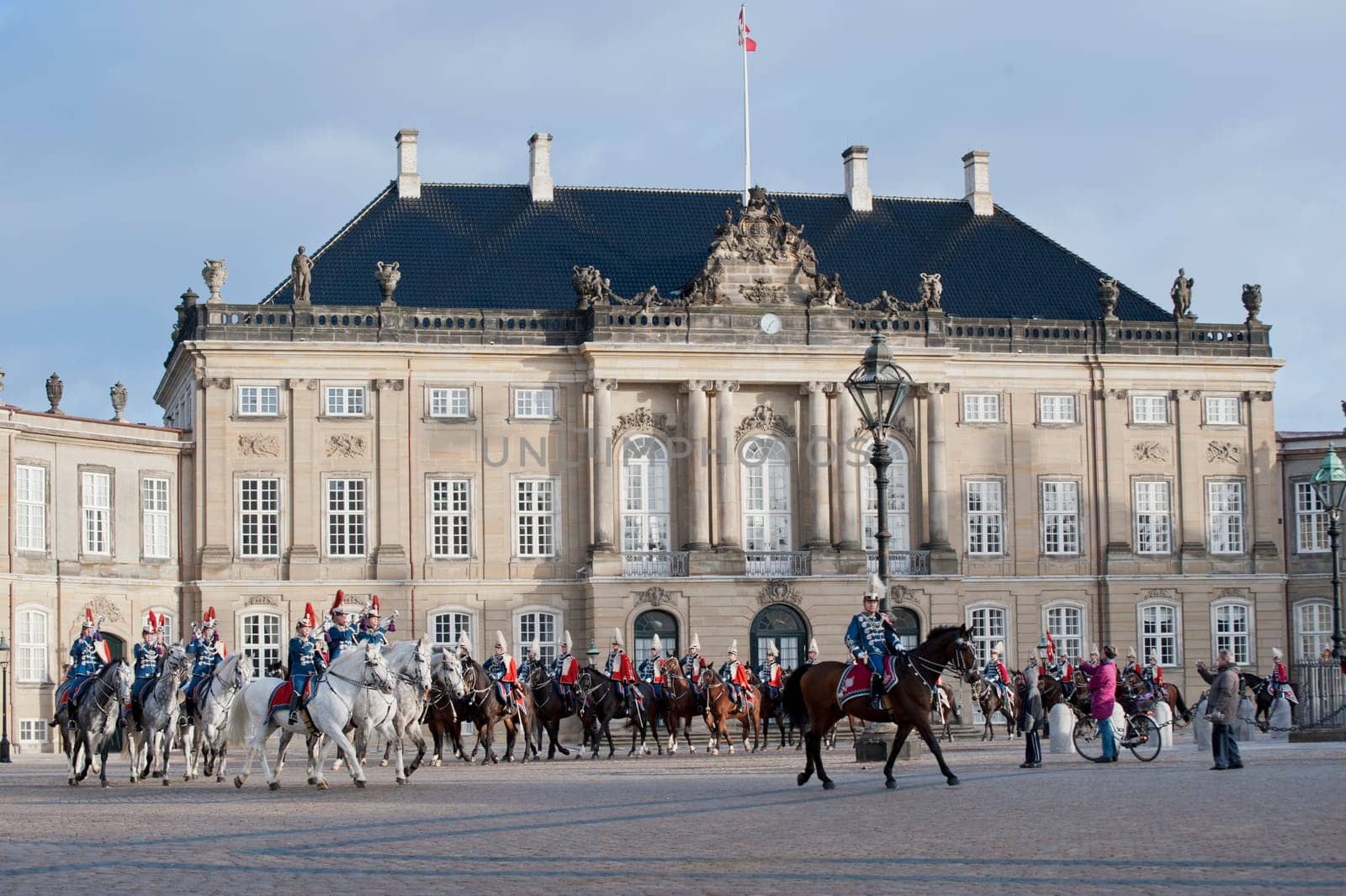 The Royal Danish Guard patrols the royal residence Amalienborg Palace and serves the royal Danish family.  Amalienborg is also known for the Danish Royal Guard, who patrol the palace grounds. The Danish Royal Guard march from Rosenborg Castle at 11.30am d