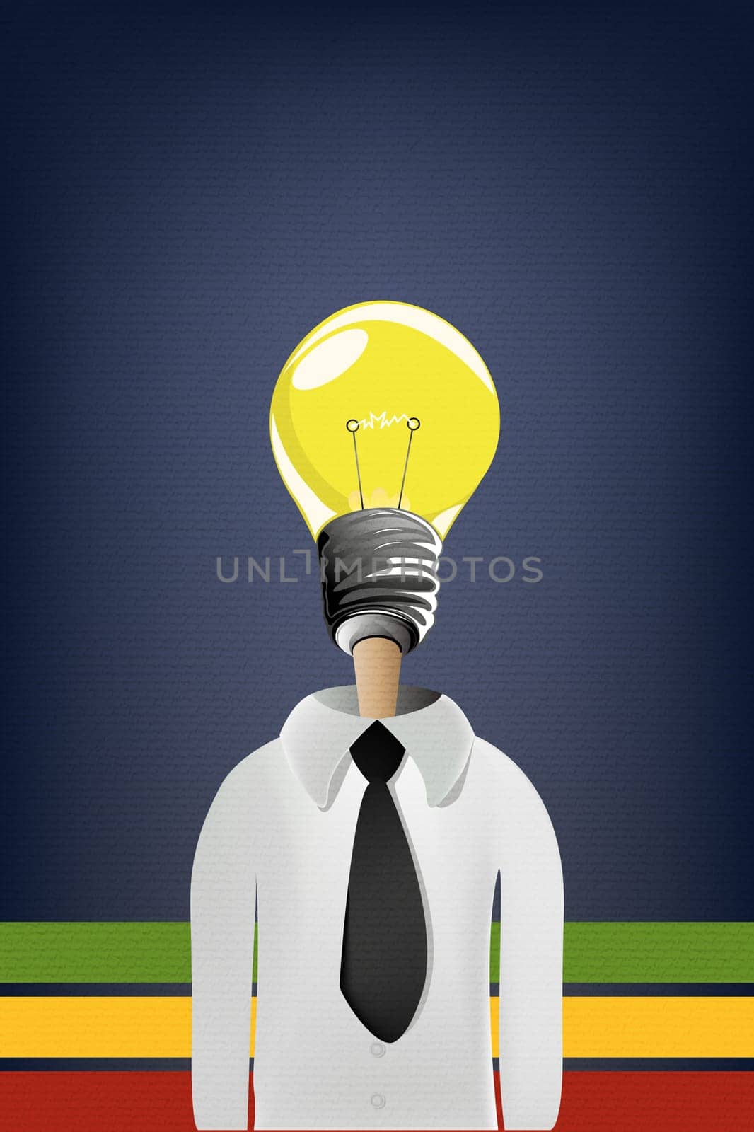 Conceptual graphic of a business man with a light buble instead of a head.
