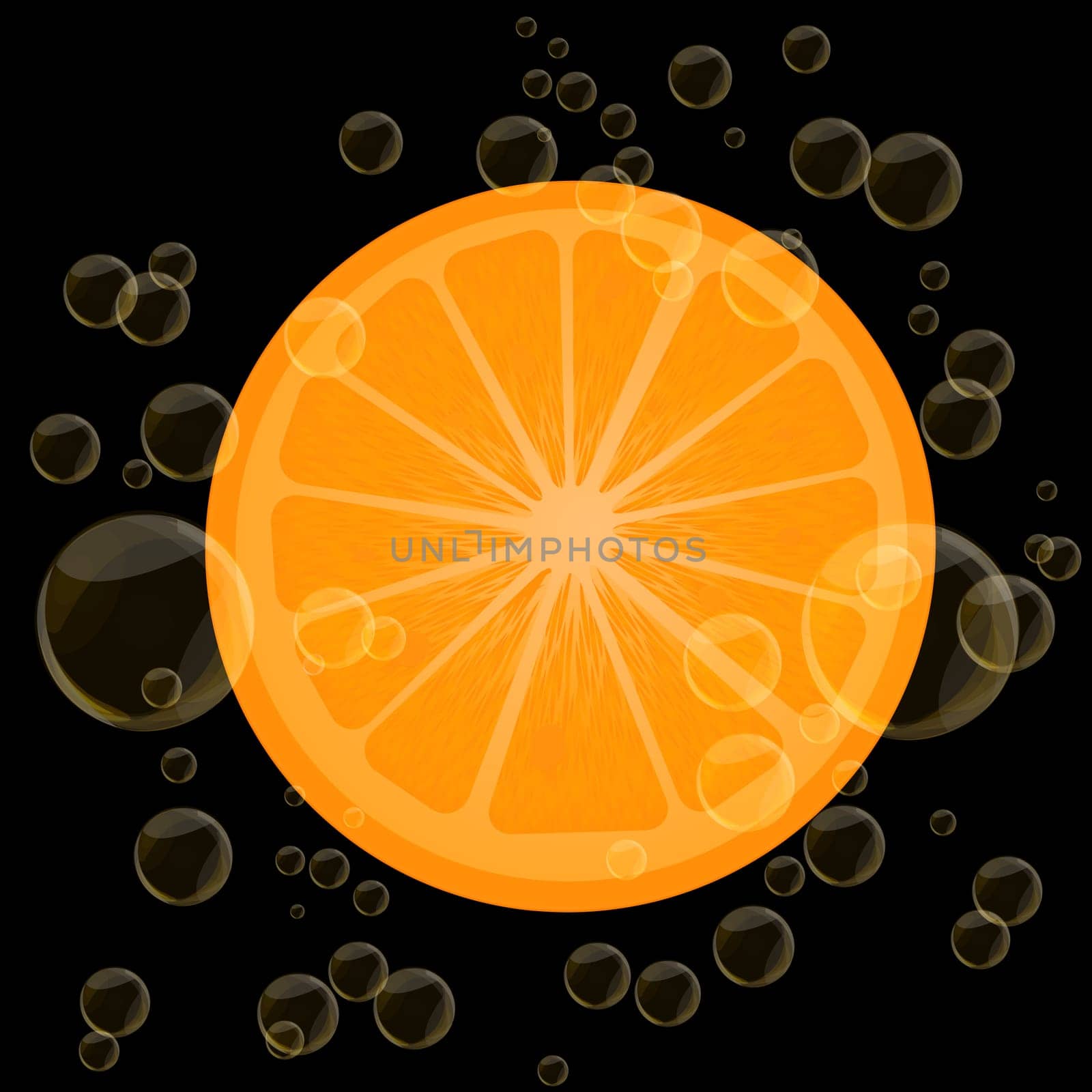 Background illustration of a orange slice and bubbles over black