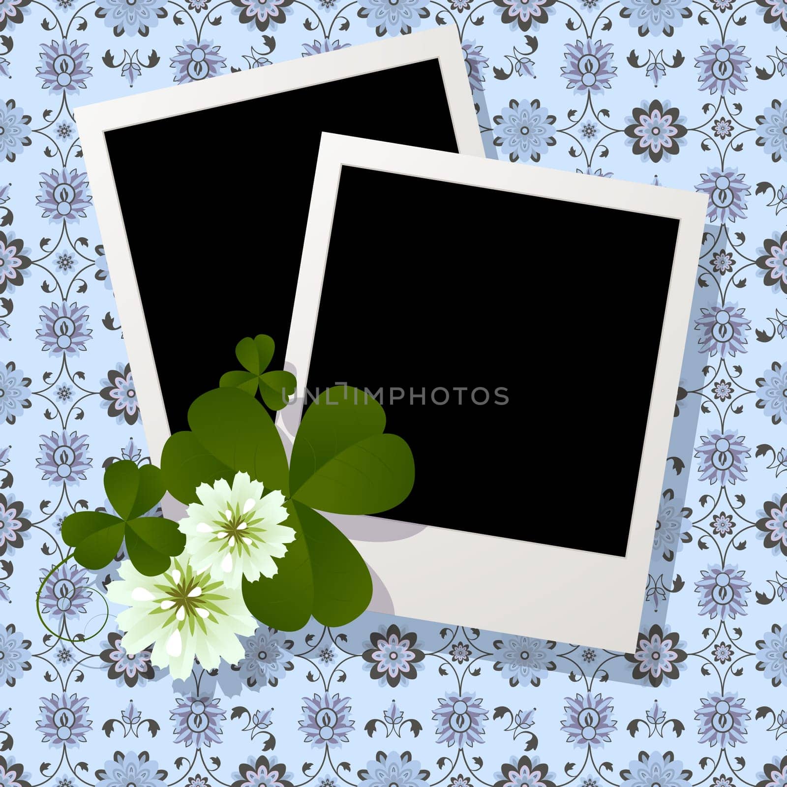 Decorative background with clover leafs over two blank photo frames.
