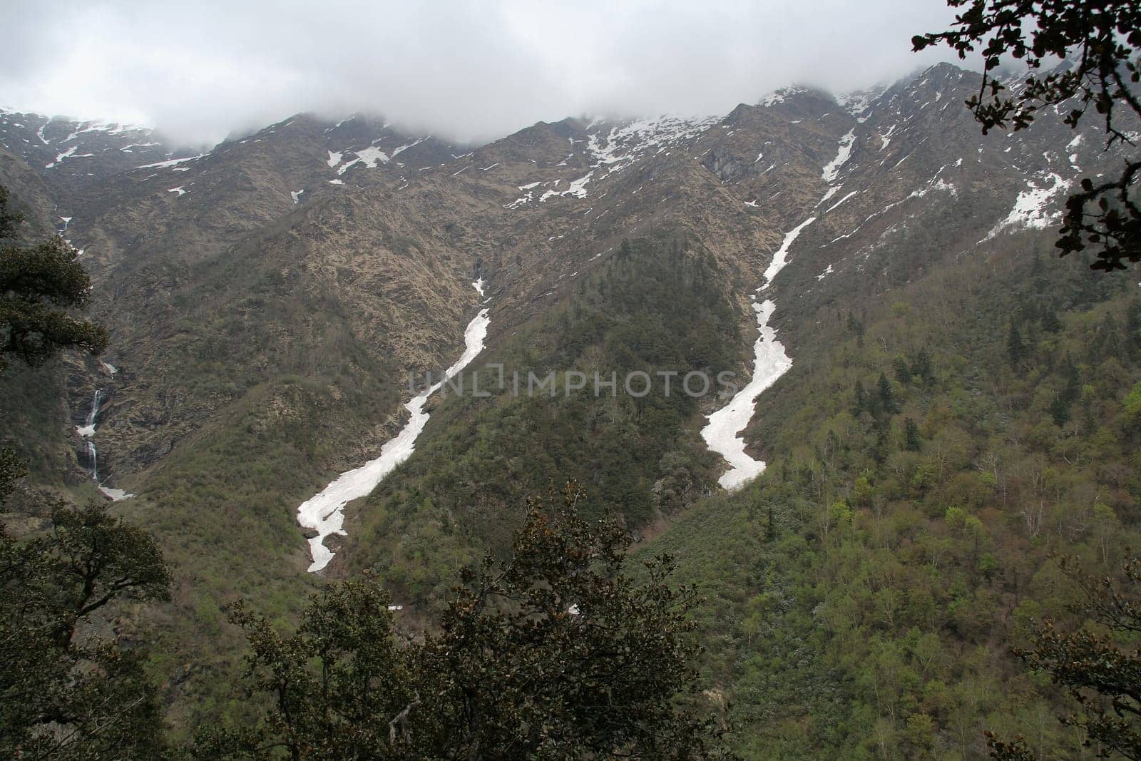 Landscape with frozen streams along trekking path, Yamunothri, Uttarakahand, India, Asia