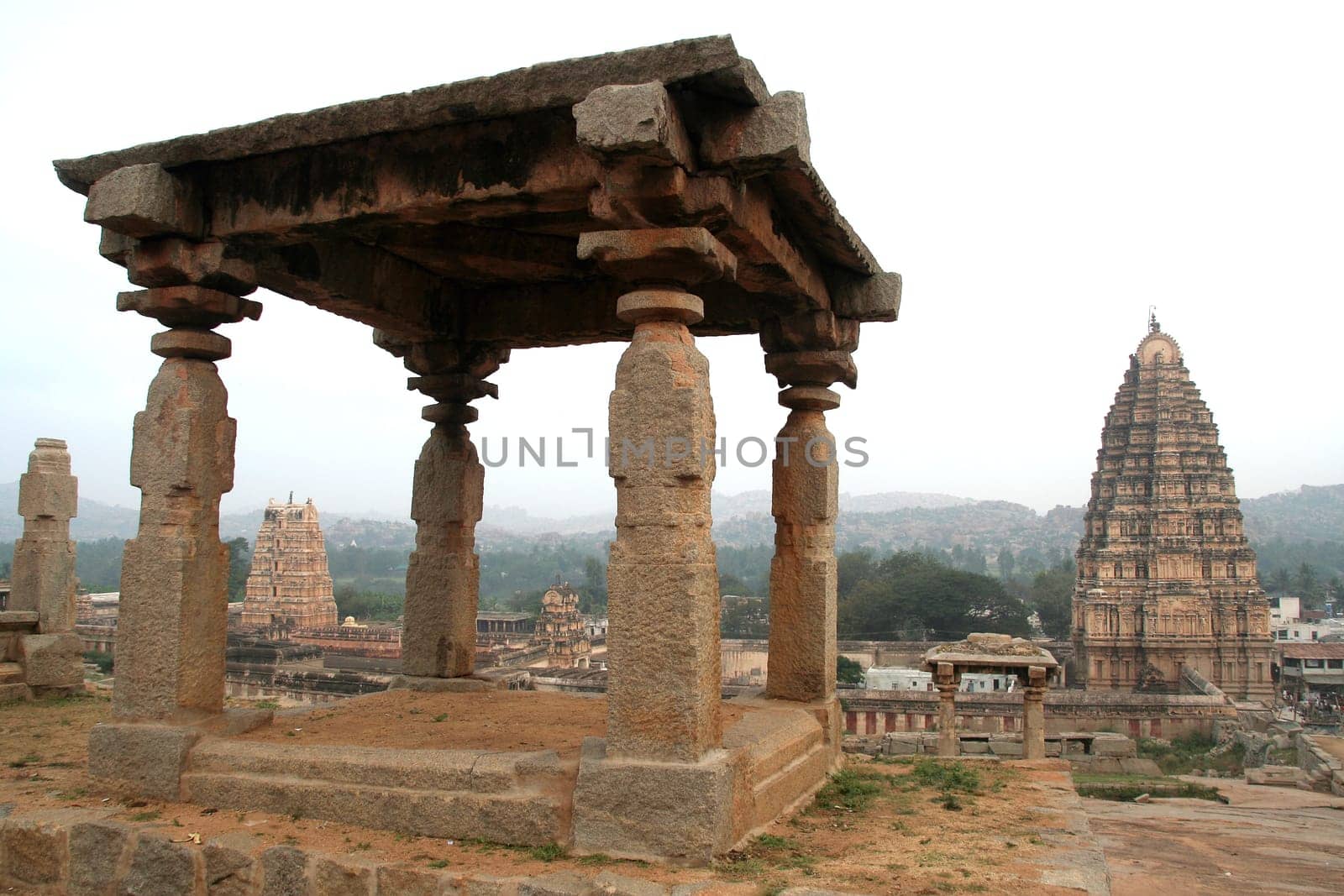 View of temple towers from Hemakoota hill, Hampi, Karnataka, India, Asia