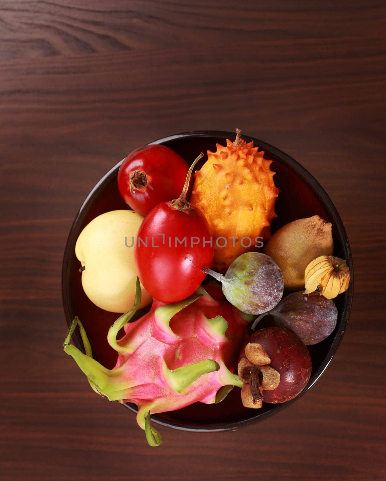 Exotic fruits - mangosteen, fig, mango, Asian pear, dragon fruit, horned melon, tamarillo
