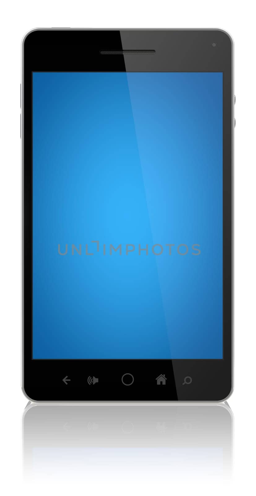Modern smart phone with blue screen isolated on white.