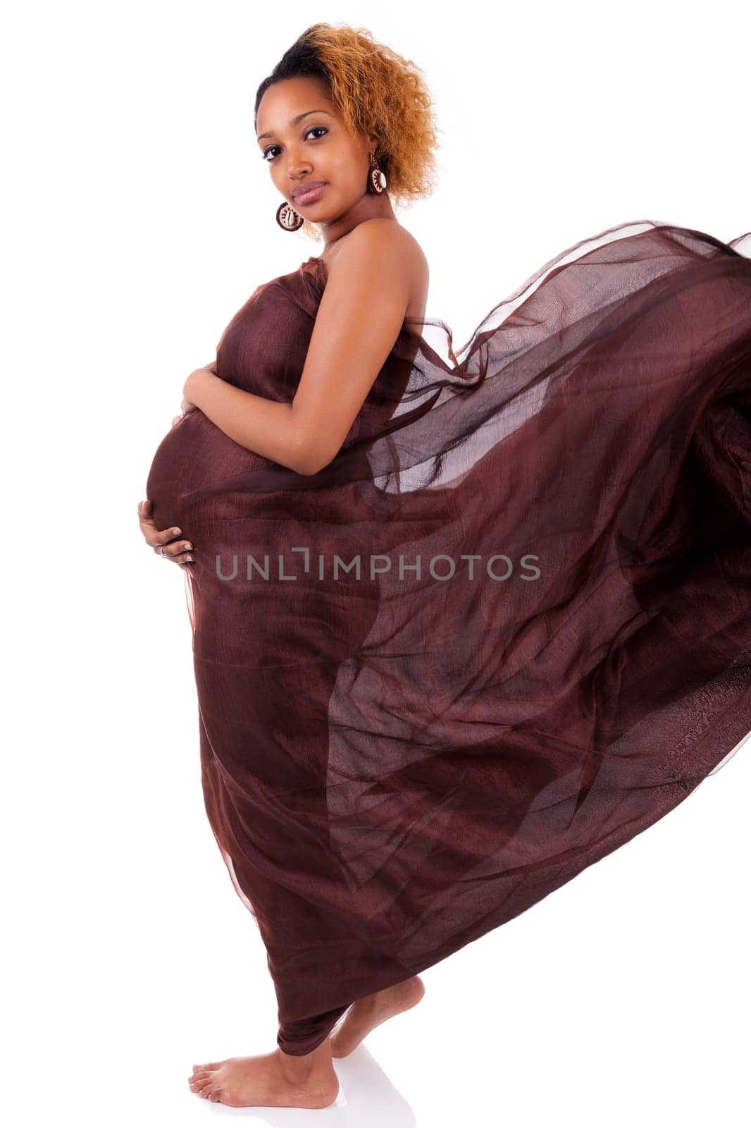 Young beautiful pregnant african woman , over white background