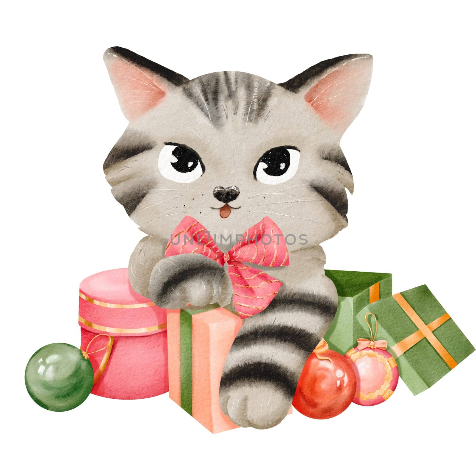 New year scene. Striped cat with a Christmas bow lounges on colorful gift boxes and Christmas balls. Cartoon kitten portrait. Festive mood. cards, invites, posters, stickers. Watercolor illustration.