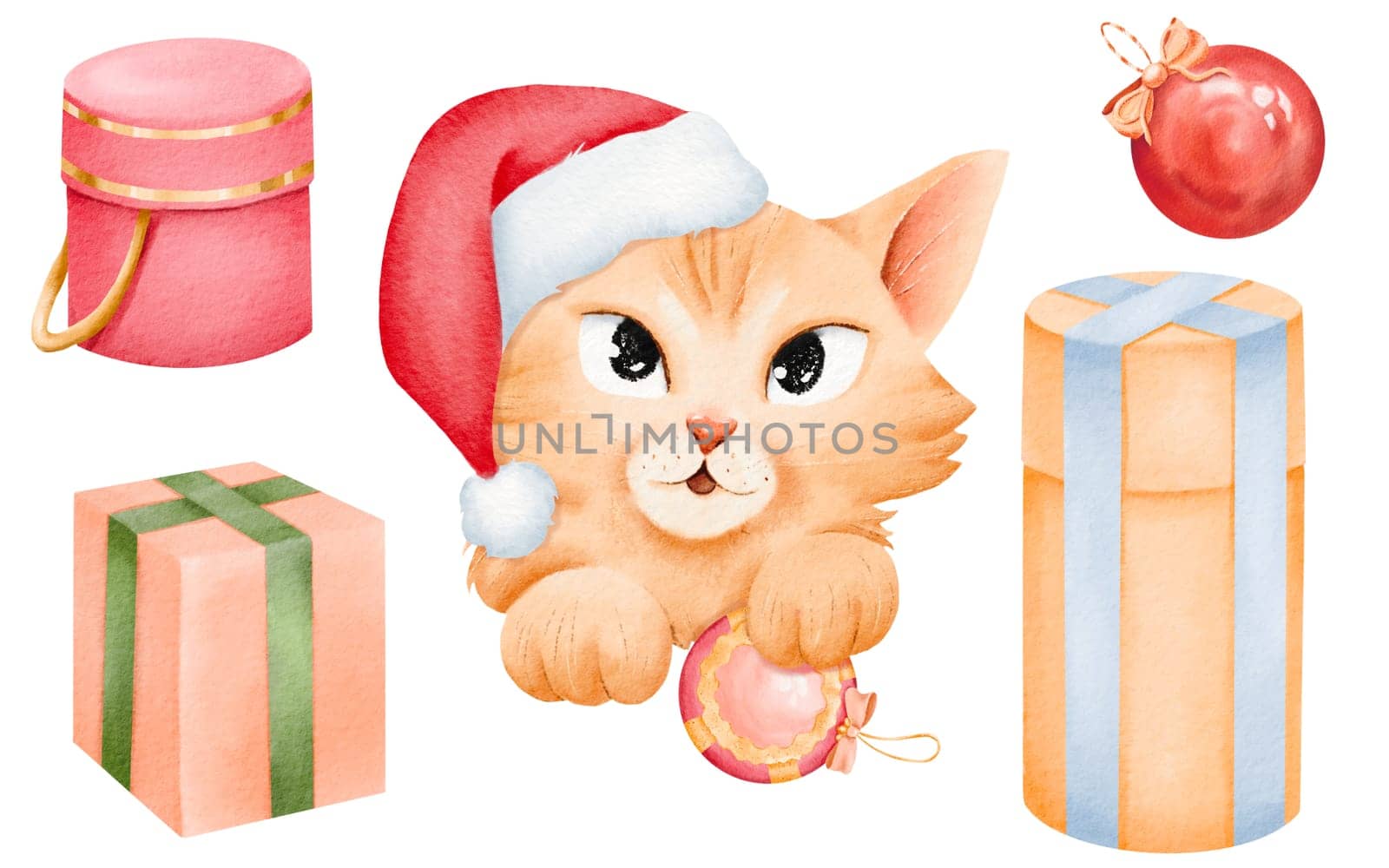 collection of New Year elements. A cat in a Santa hat with Christmas ornaments, along with colorful gift boxes adorned with ribbons. Perfect for stickers, cards, sets, and design components by Art_Mari_Ka