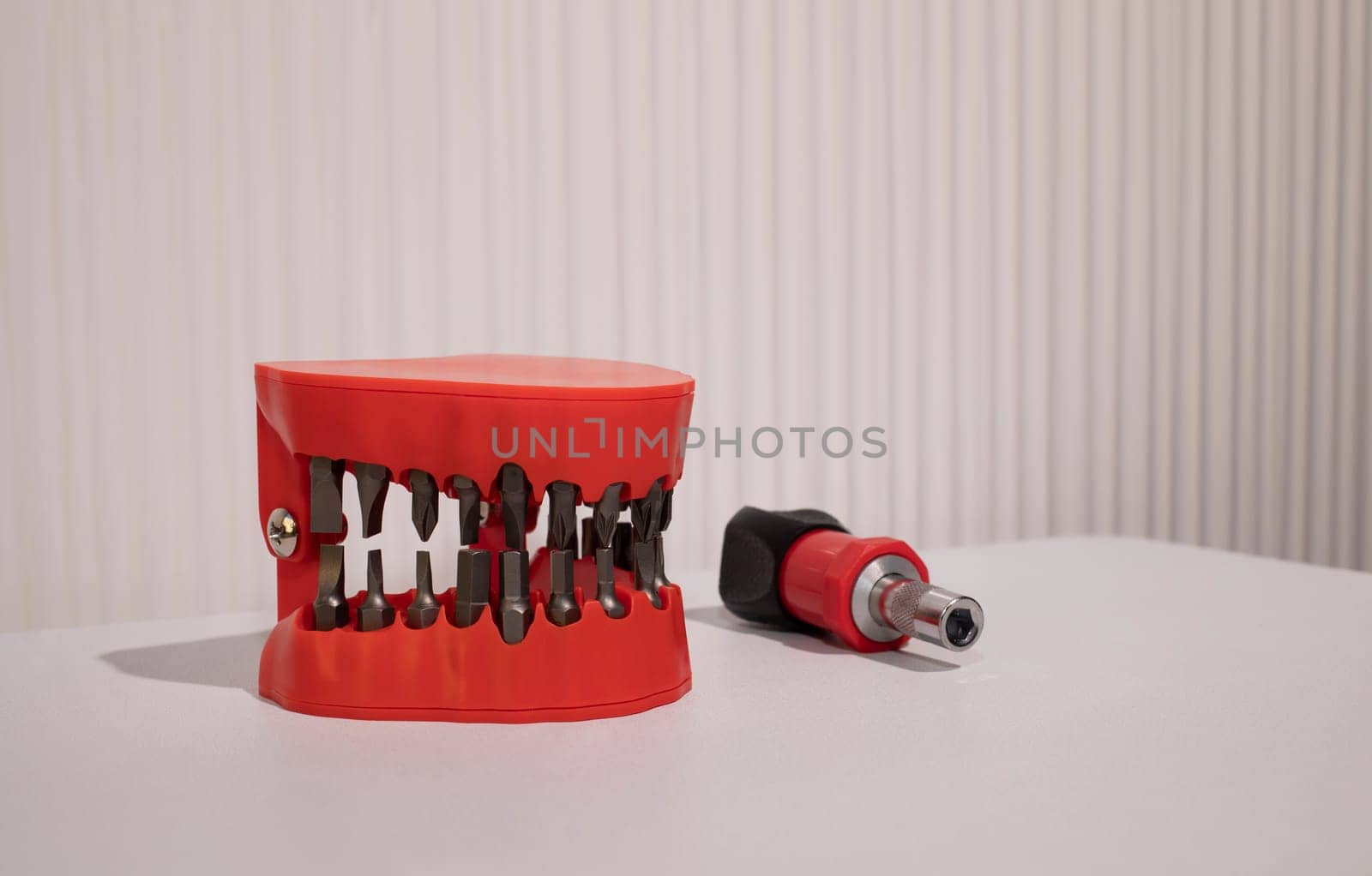 Denture Drill Bit Holder Set, Screwdriver Bit Organizing Holder Set On Table. Copy Space For Text, Horizontal Plane. High quality photo
