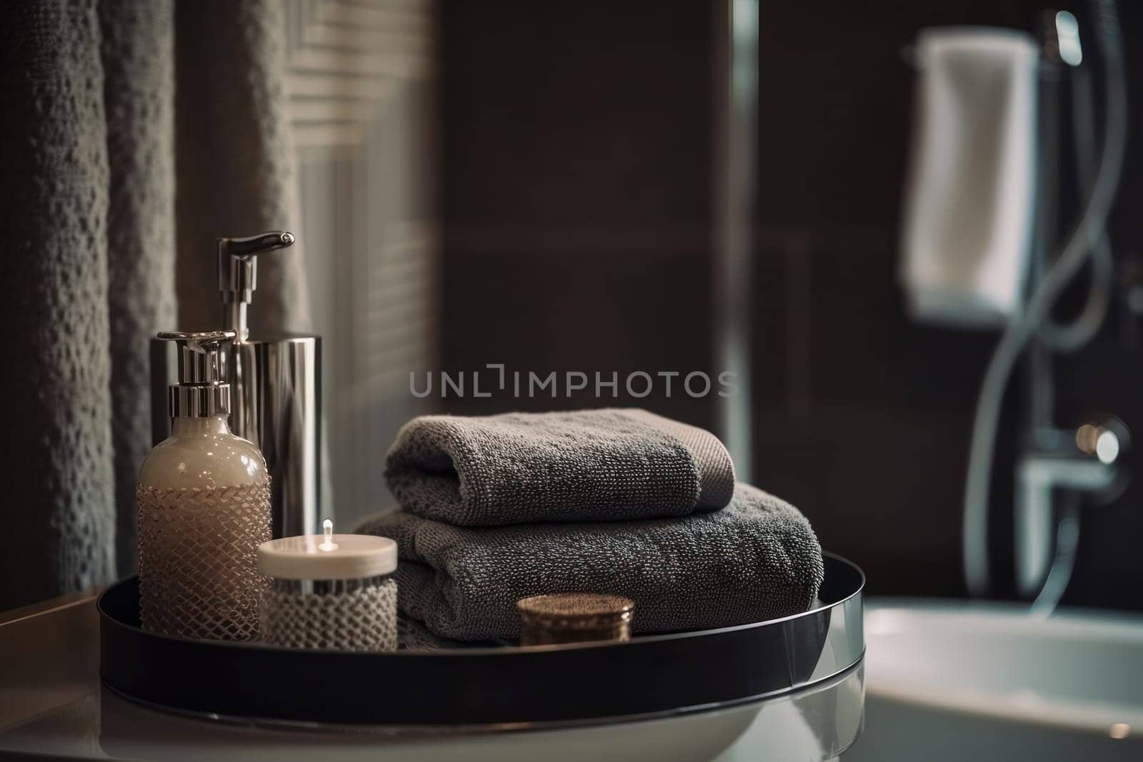 Relax and unwind with this organic bathroom decor set, featuring soft towels, scented candles, and wooden table. AI Generative.