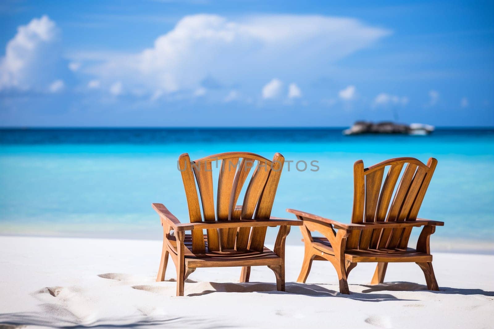 two wooden chairs in a tropical beach environment - AI generative