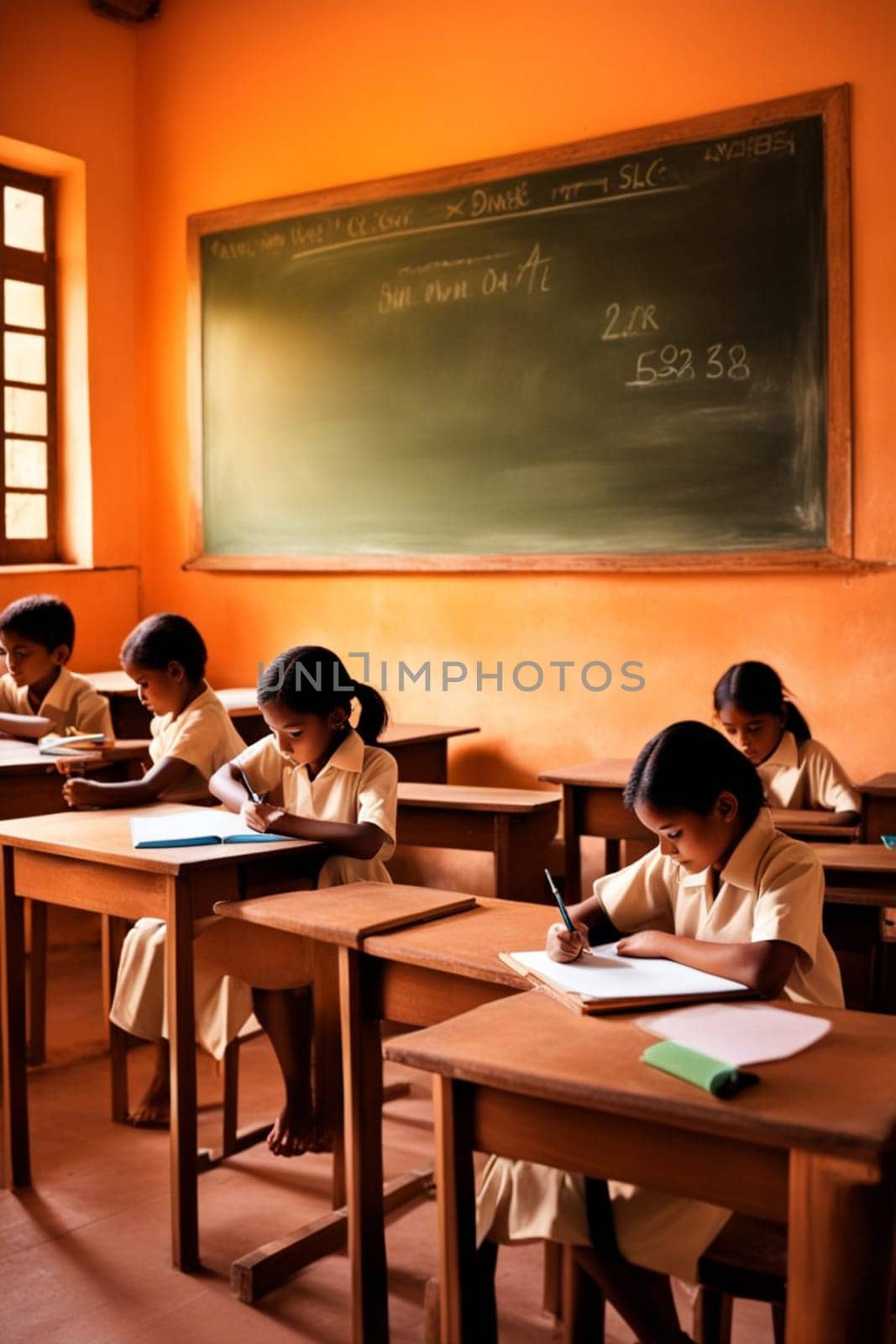 students and pupil in lesson at school in a classroom, bright dayligh, in uniform illustration by verbano