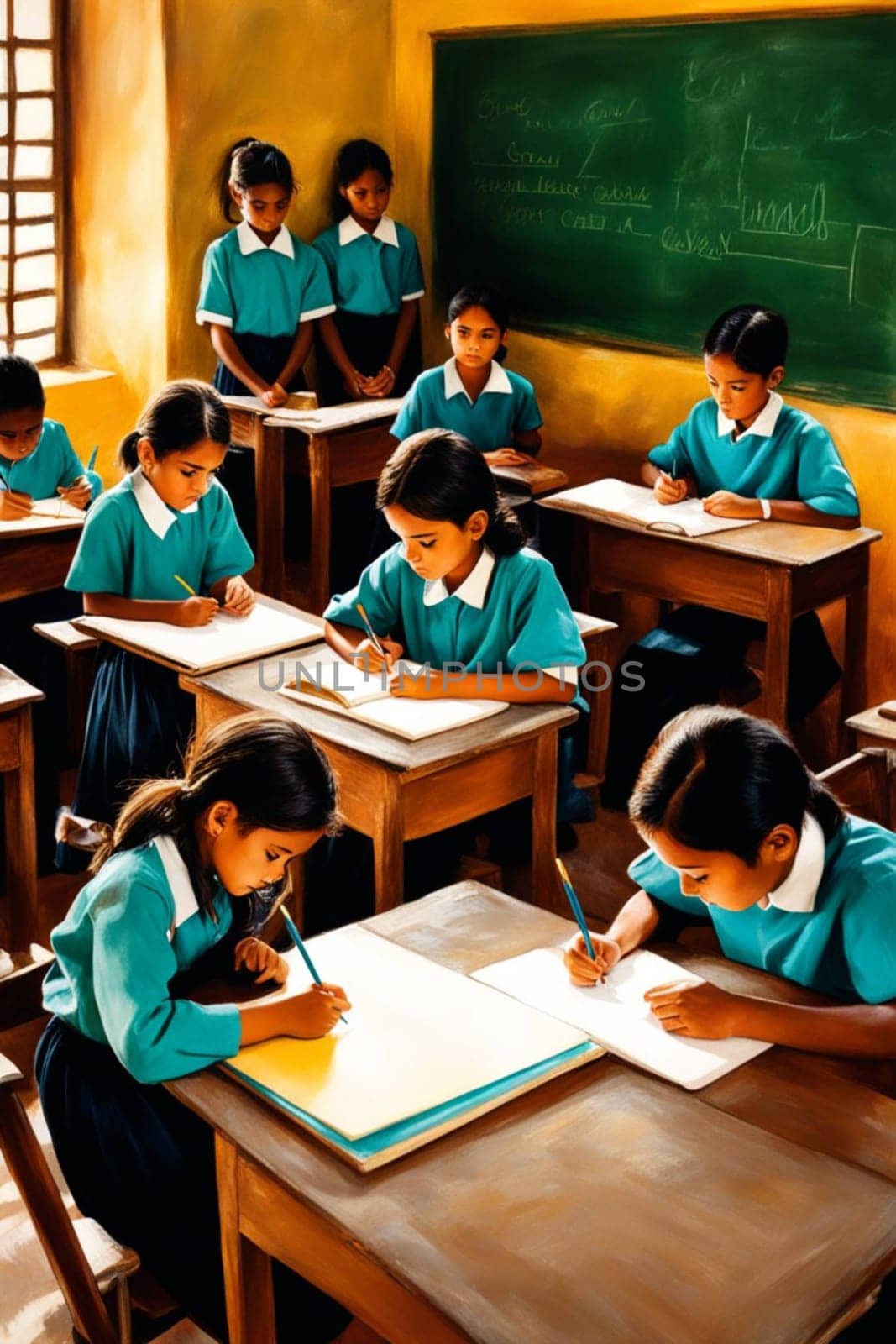 students and pupil in lesson at school in a classroom, bright dayligh, in uniform illustration by verbano