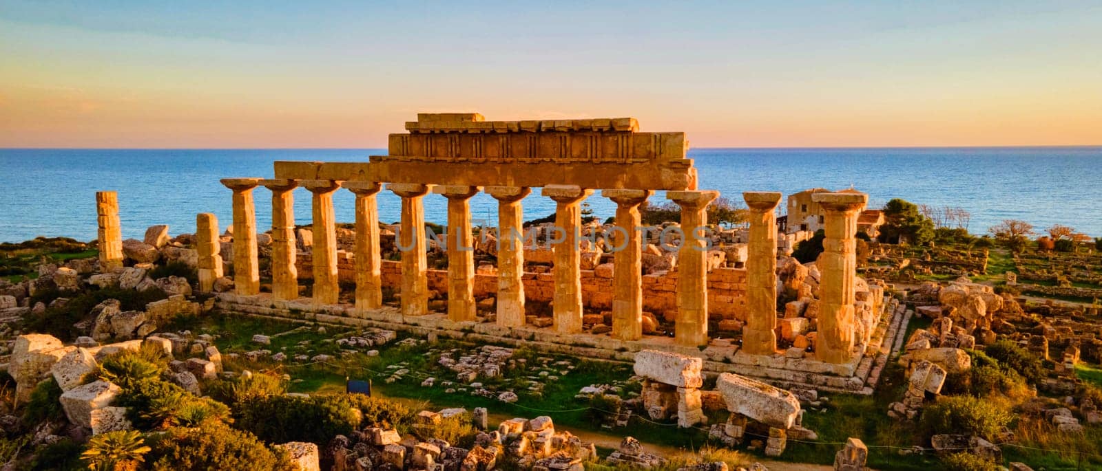 Greek temples at Selinunte, View of the sea, and ruins of Greek columns in Selinunte Archaeological Park Sicily Italy