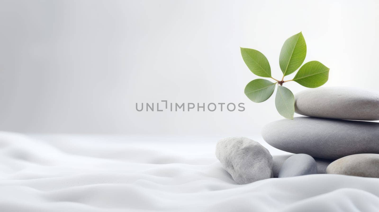 A stack of smooth grey stones with a green plant on a white fabric. This image creates a sense of balance and harmony. The stones are of different sizes and are arranged in a vertical order. High quality photo