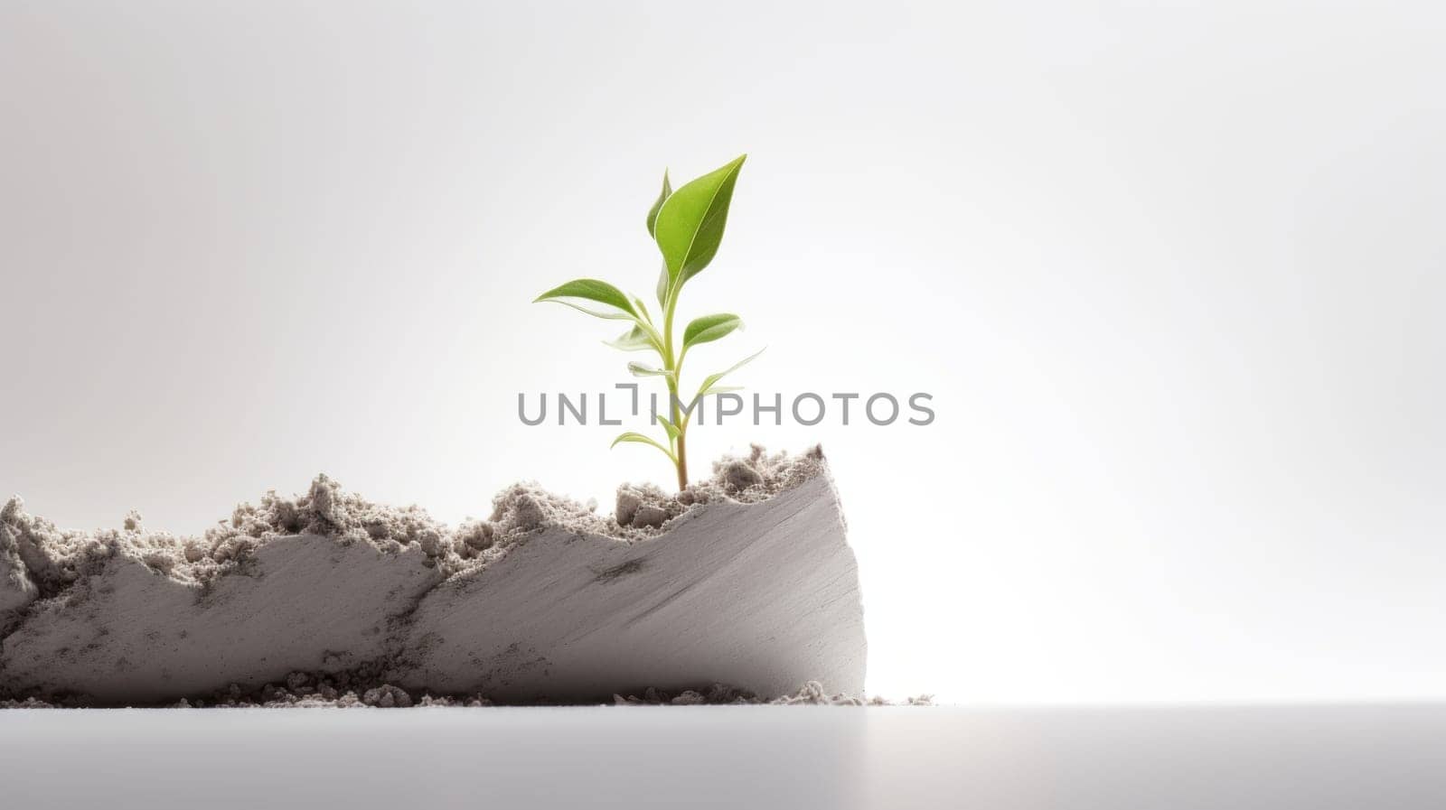 a small plant with three leaves growing out of a pile of soil that is cracking apart. The image symbolizes the concept of overcoming obstacles, achieving growth, and reaching potential. High quality photo