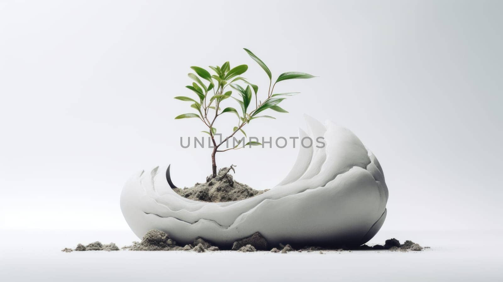 small tree with green leaves growing out of a cracked eggshell on a white background. The image represents the idea of life, growth, and potential. by DogDrawHand