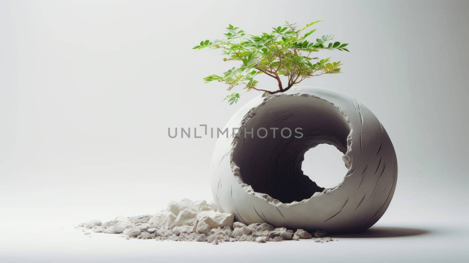 green leaves growing out of a cracked concrete sphere. The image conveys the message of resilience, hope, and creativity. The concrete sphere is broken and shattered, representing the challenges. High quality photo