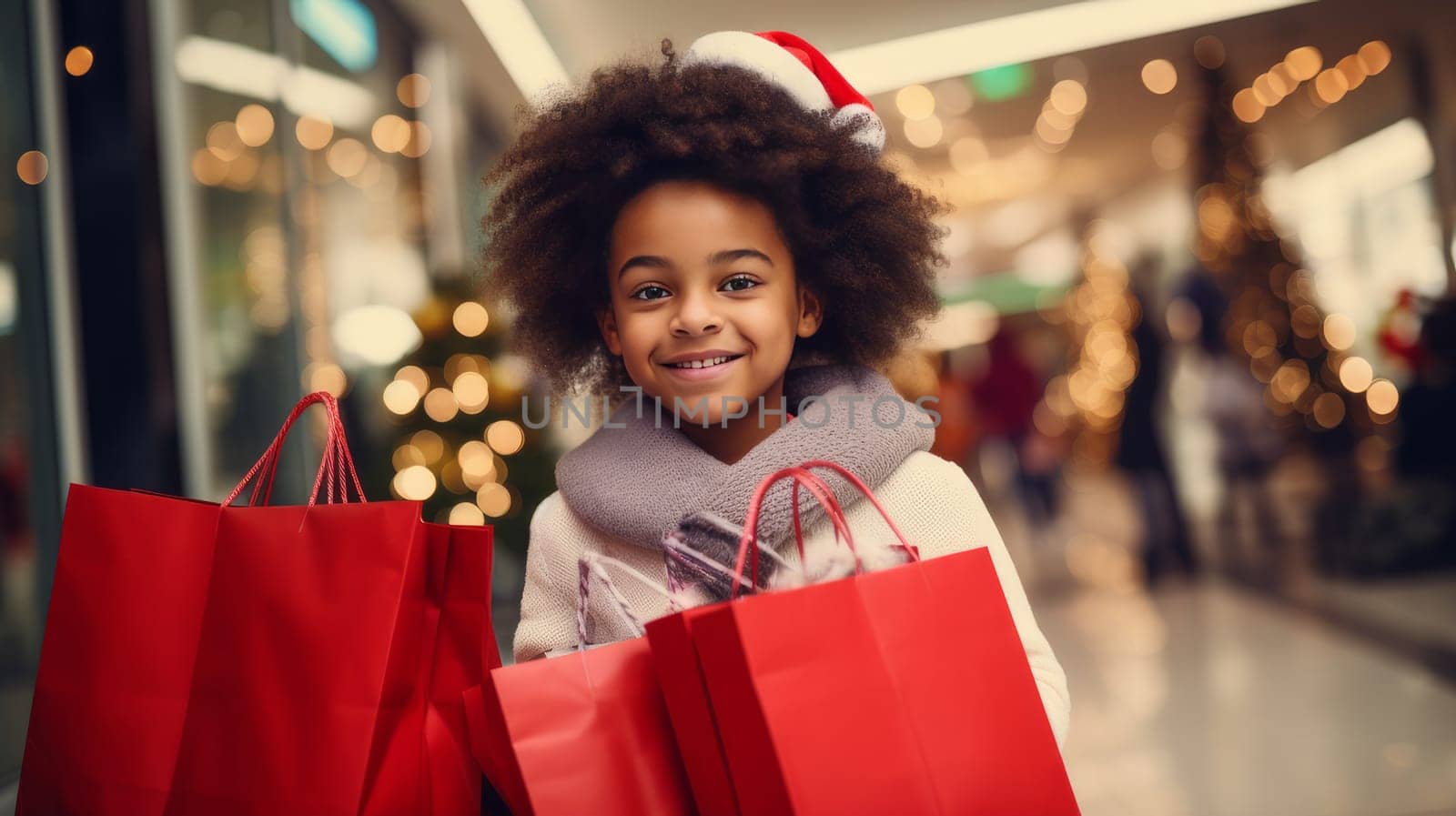 Smiling African American child with Christmas gifts in shopping bags at the mall. Christmas sale concept.