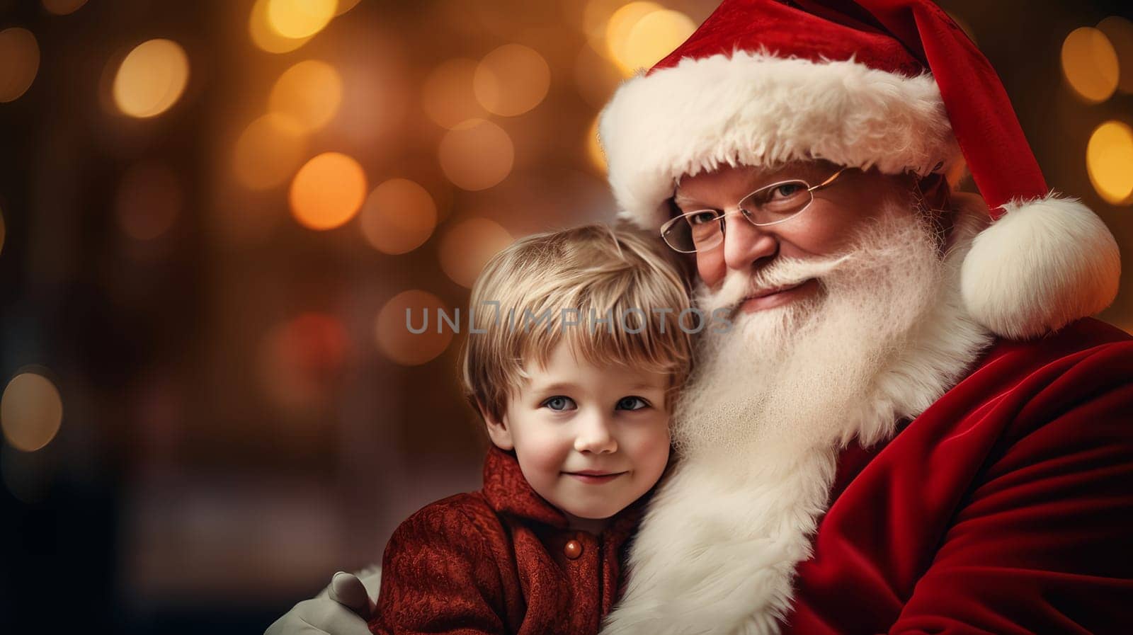A child in the arms of Santa Claus near the Christmas tree by Alla_Yurtayeva