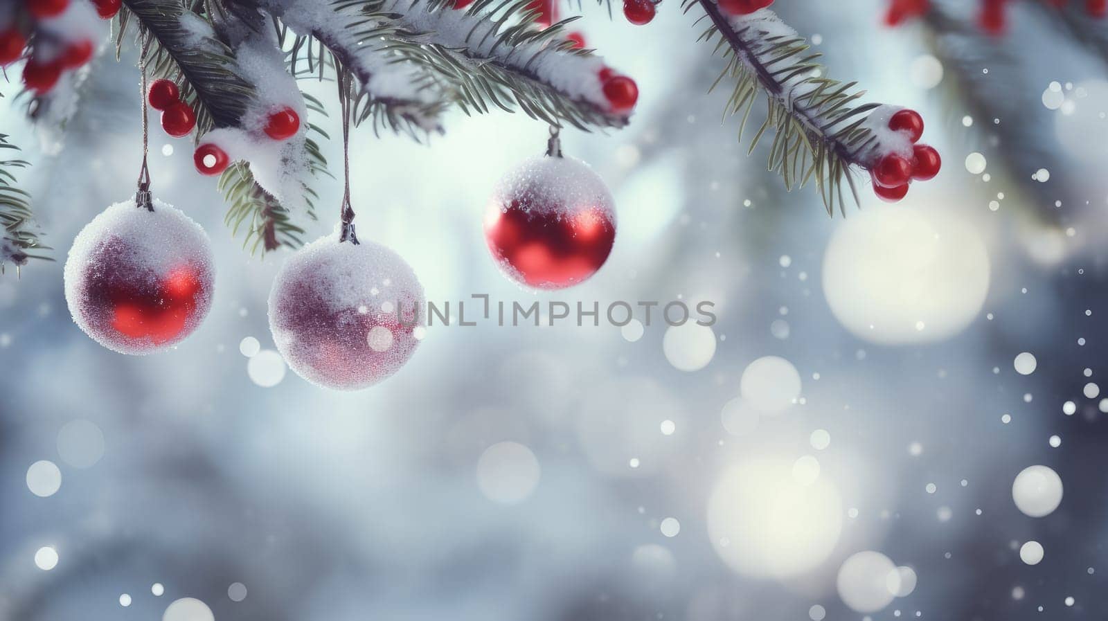 Red balls on fir branches, winter snowy background. festive winter season background, copy space.