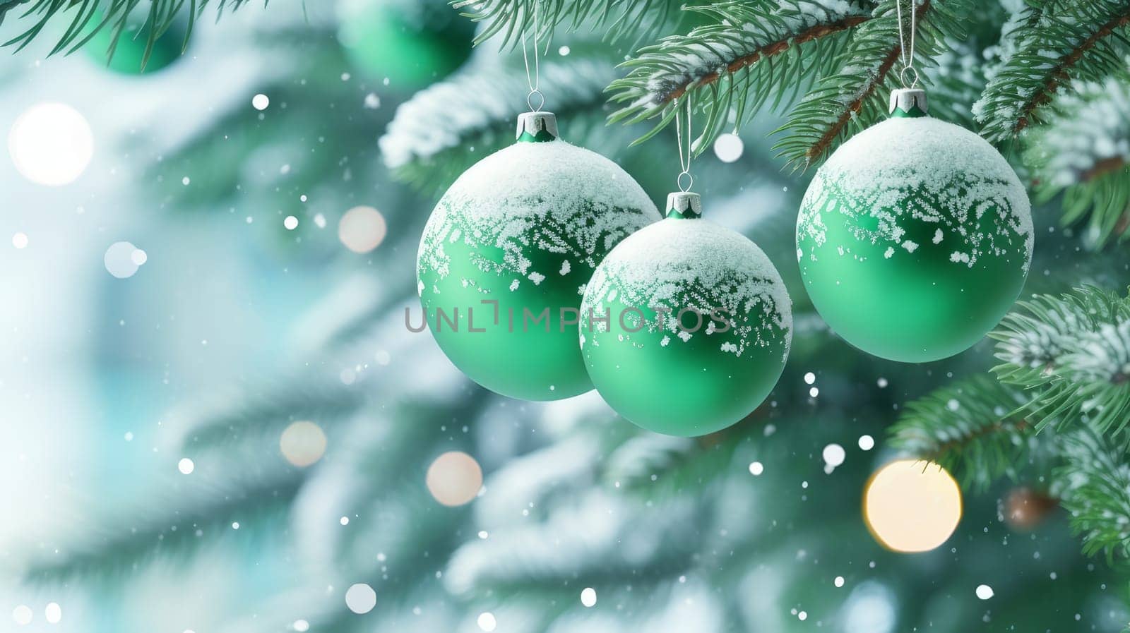 Green balls on fir branches, winter snowy background. festive winter season background, copy space. Merry Christmas and Happy New Year concept