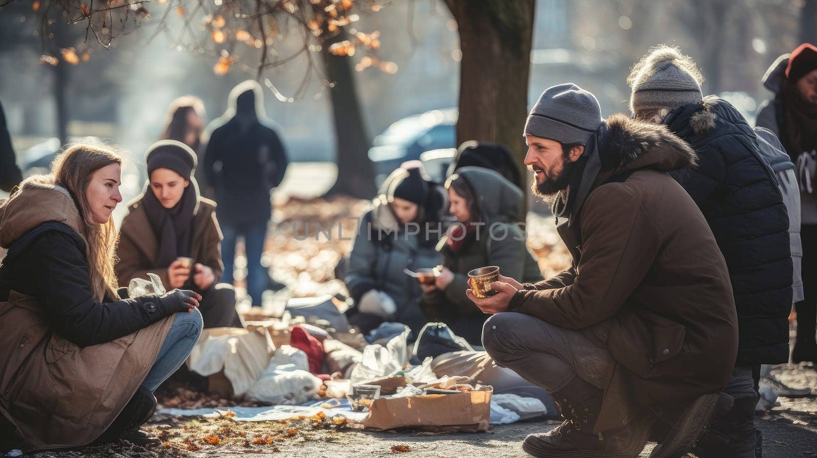 Positive homeless people sitting at a table in a noisy cafeteria, in a homeless park, surrounded by other people. Christmas, poverty and hunger concept