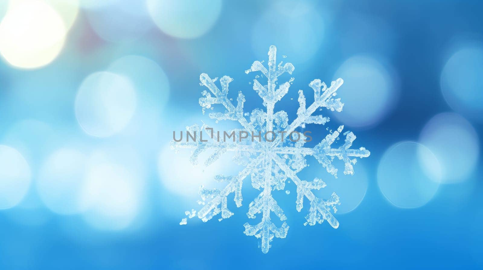 Beautiful snowflake close-up on a blue defocused background, macro photo. Merry Christmas and Happy New Year concept