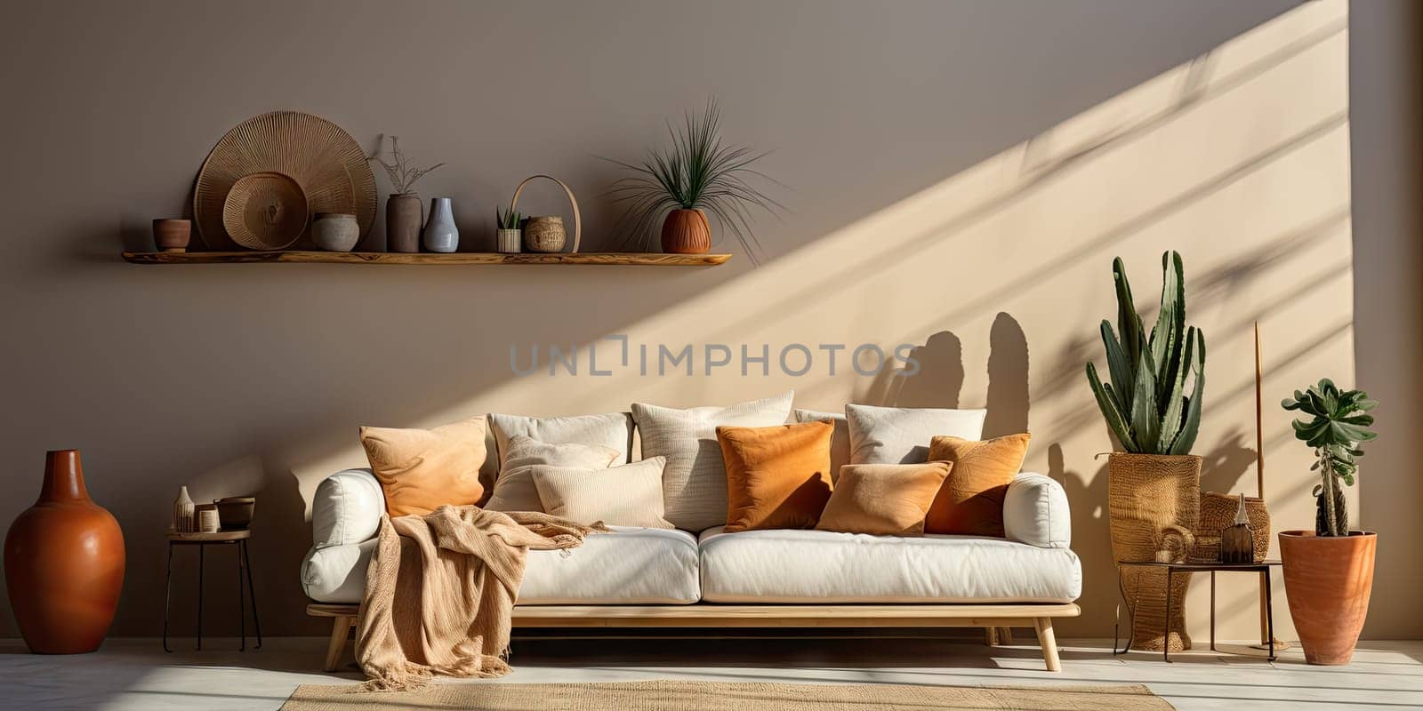 Contemporary apartment home interior design concept, casual design background concept, earthy materials and color tones, details, beautiful concept in the morning sunlight by Generative AI.