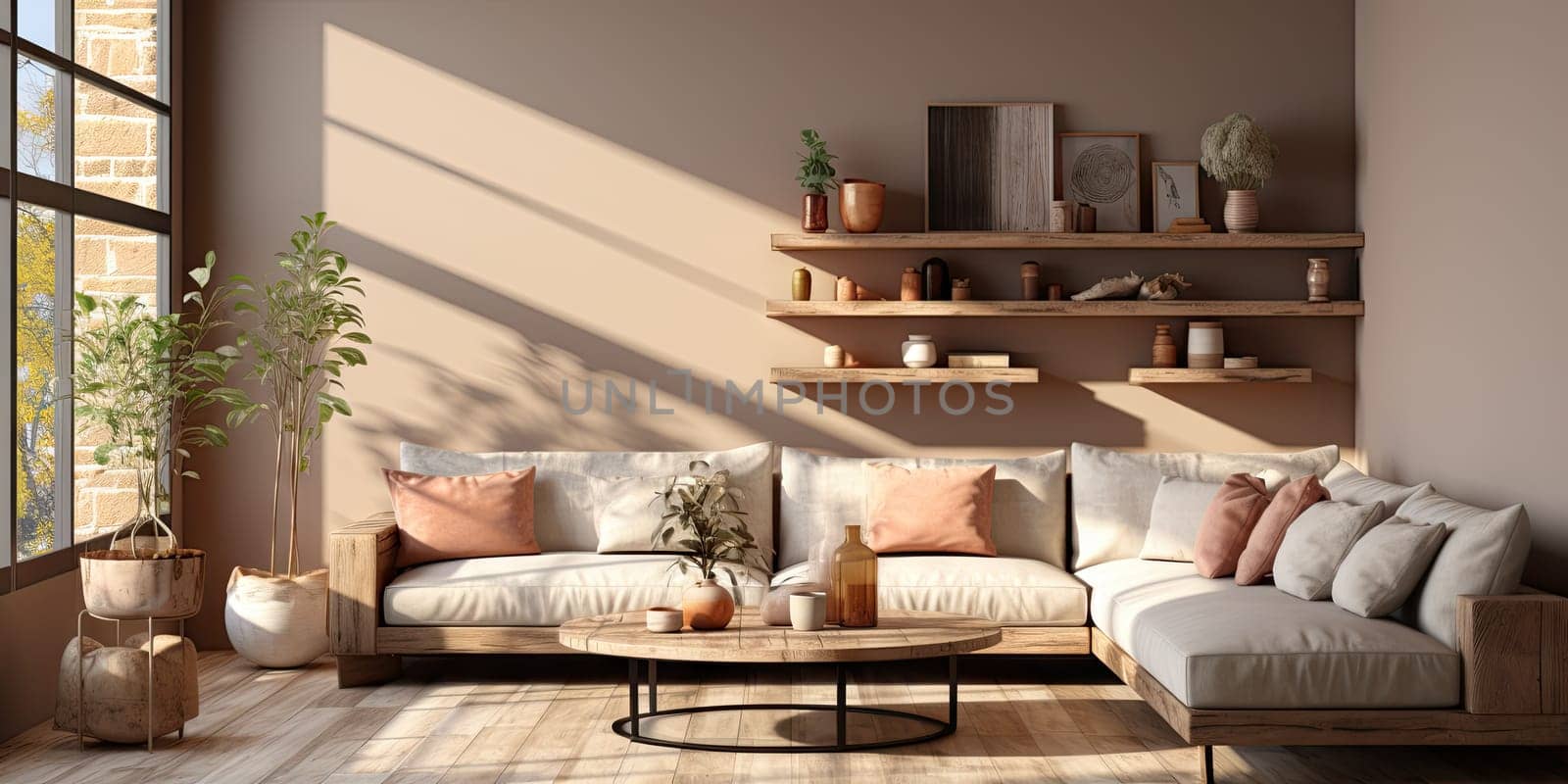 Contemporary apartment home interior design concept, casual design background concept, earthy materials and color tones, details, beautiful concept in the morning sunlight by Generative AI.