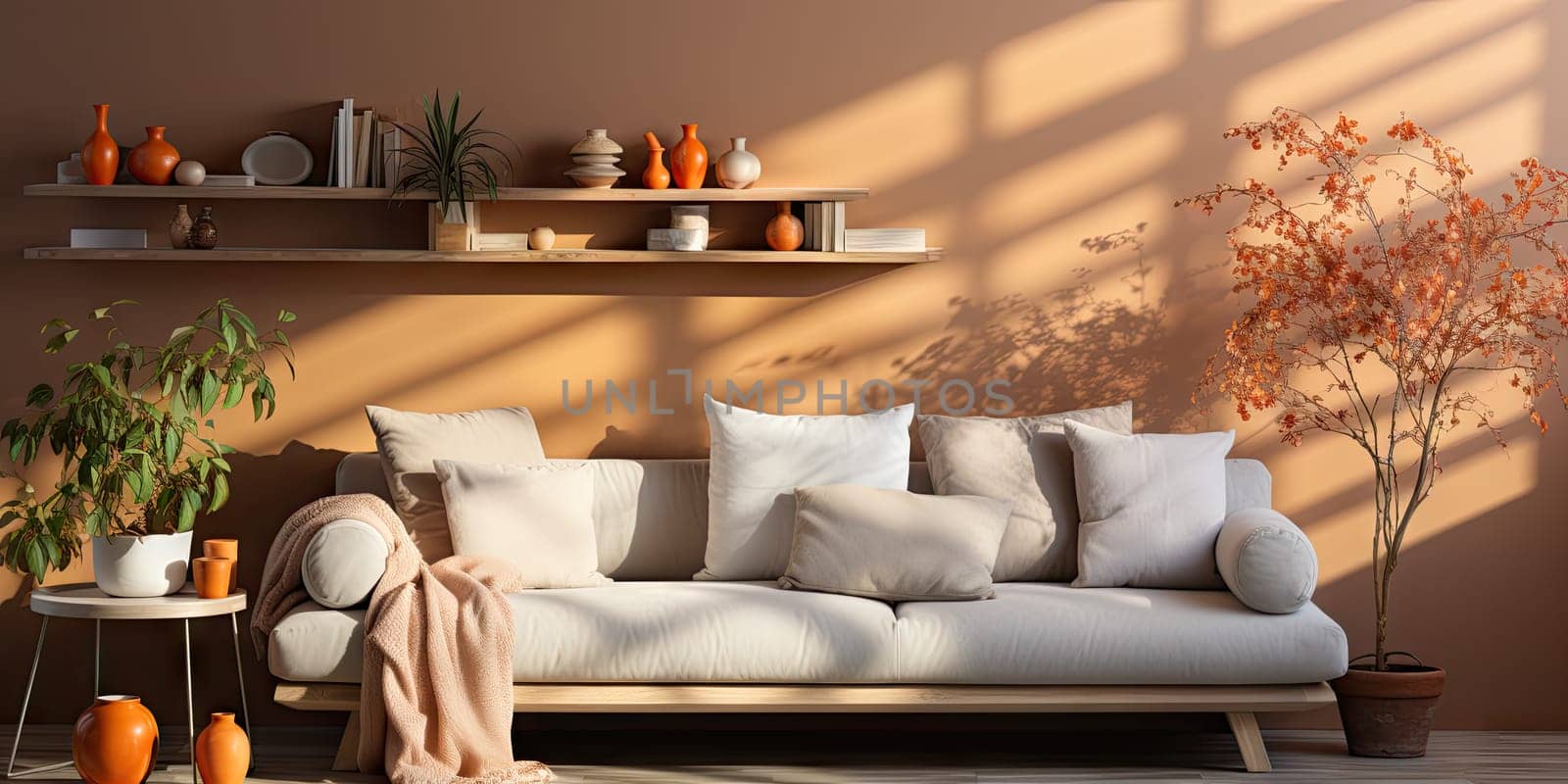 Contemporary apartment home interior design concept, casual design background concept, earthy materials and color tones, details, beautiful concept in the morning sunlight by Generative AI.